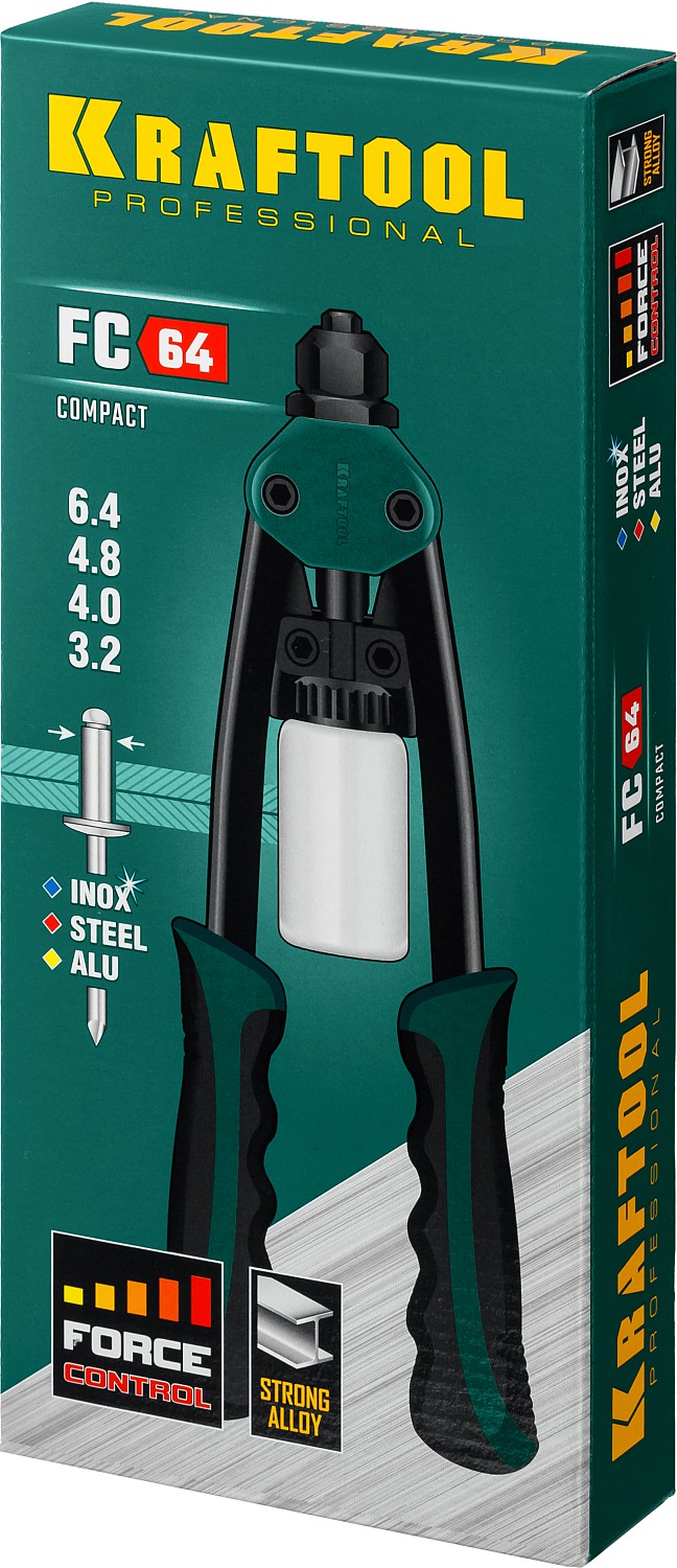 KRAFTOOL FC-64, 3.2 - 6.4 мм, 320 мм, регулировка усилия, компактный двуручный заклепочник (31160)