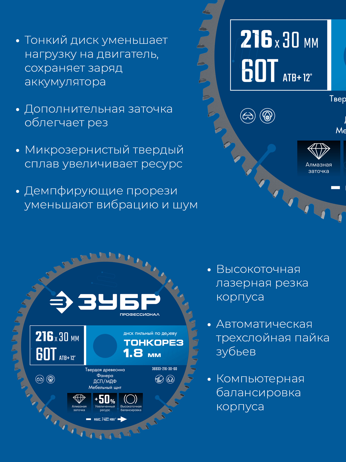 ЗУБР Тонкорез 216х30 x 1.8 мм, 60Т, диск пильный по дереву, тонкий рез, Профессионал (36933-216-30-80)