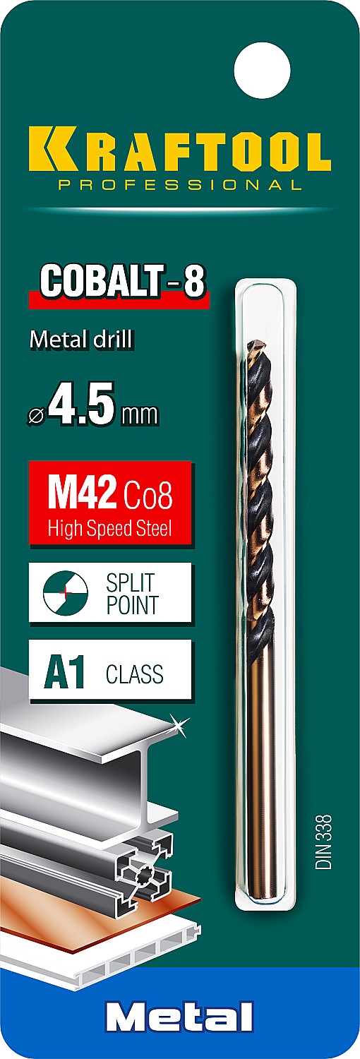 KRAFTOOL COBALT-8, 4.5 х 80 мм, сталь М42, HSS-Co(8%), сверло по металлу (29656-4.5)