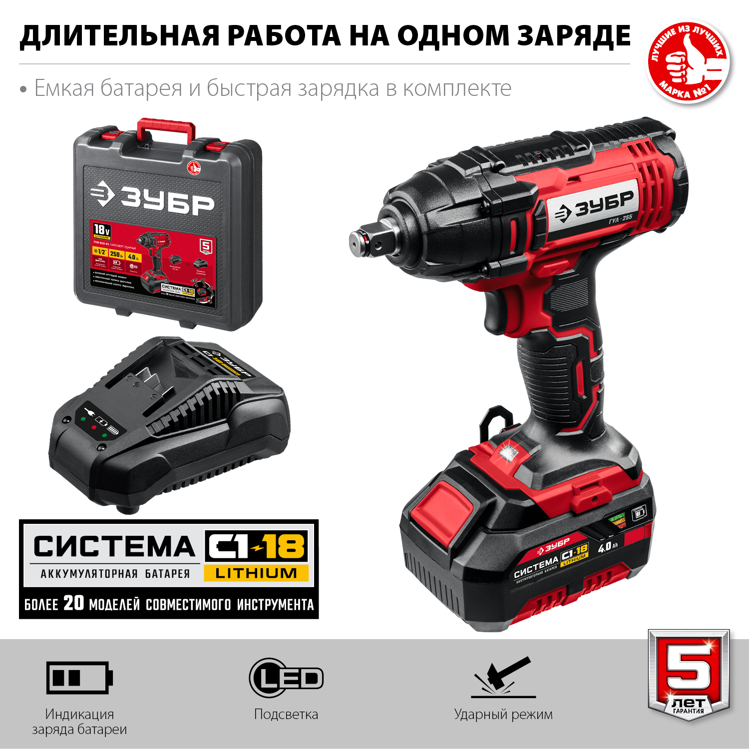 ЗУБР С1-18, 18 В, 250 Н·м, 1 АКБ (4 А·ч), гайковерт ударный, кейс (ГУЛ-255-41)