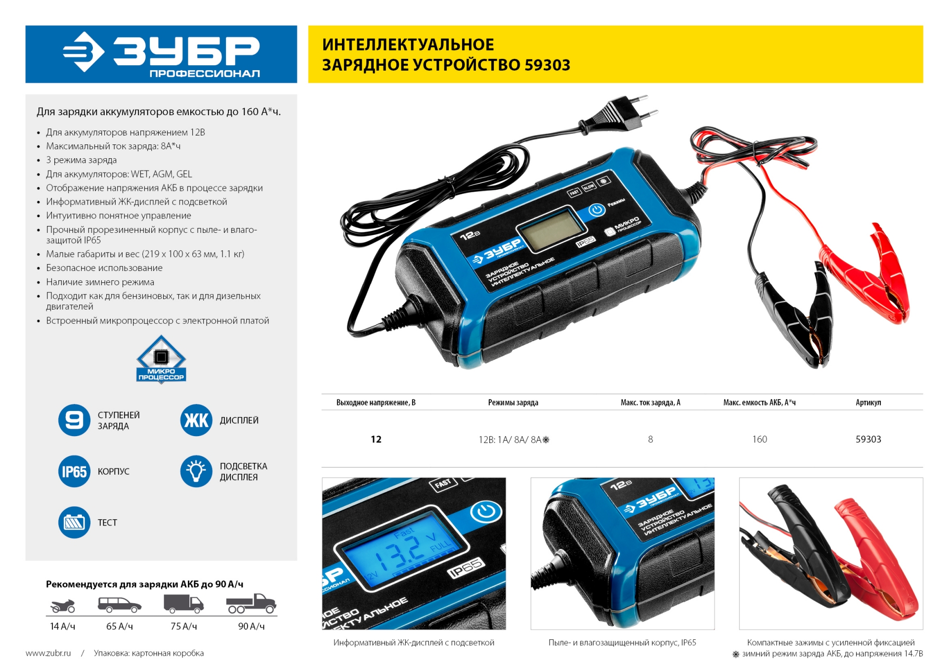 ЗУБР ЗУ-160, 12 В, 8 А, интеллектуальное зарядное устройство для аккумуляторов, Профессионал (59303)