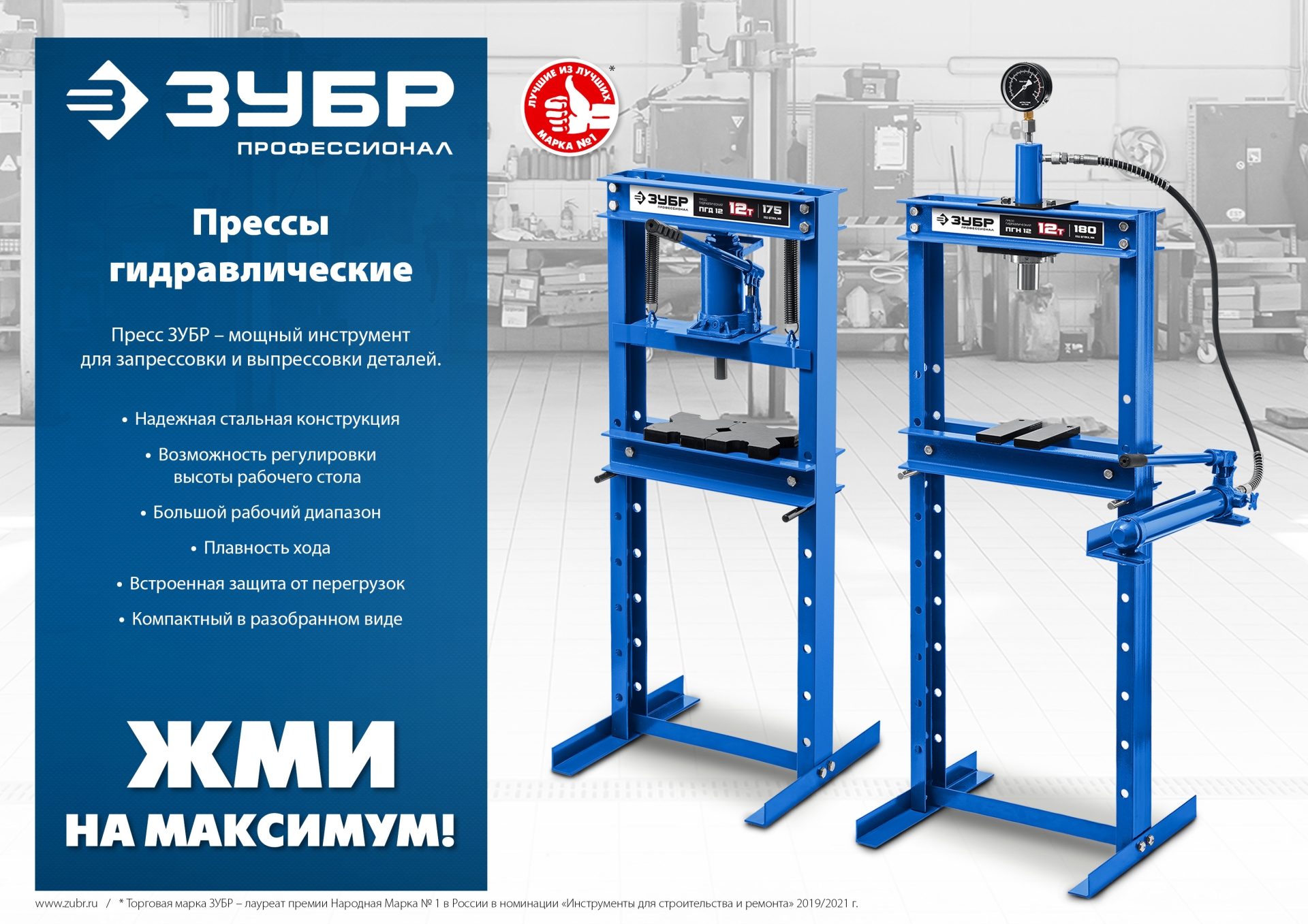 ЗУБР ПГН-10, 10 т, гидравлический пресс с гидронасосом и манометром, Профессионал (43072-10)