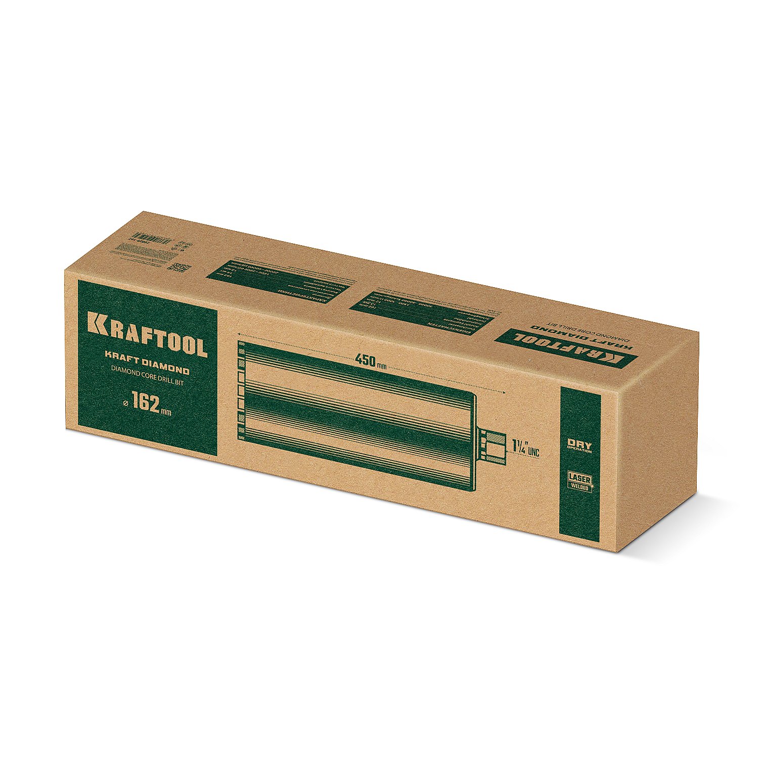KRAFTOOL DIAMOND 162 мм (450 мм, 1 1/4″, лазерная сварка, сухое сверление с микроударом), алмазная коронка по железобетону (29825-162)