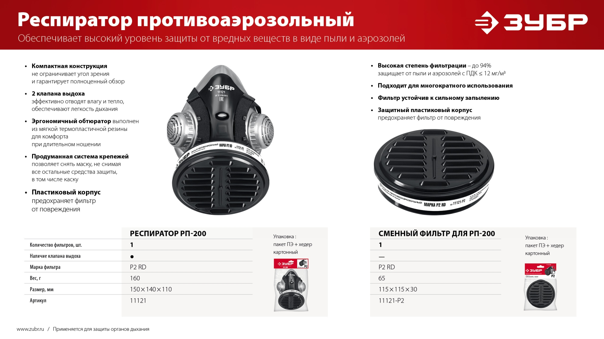 ЗУБР Р2 марка Р2, 1шт., противоаэрозольный фильтр для РП-200 (11121-P2)