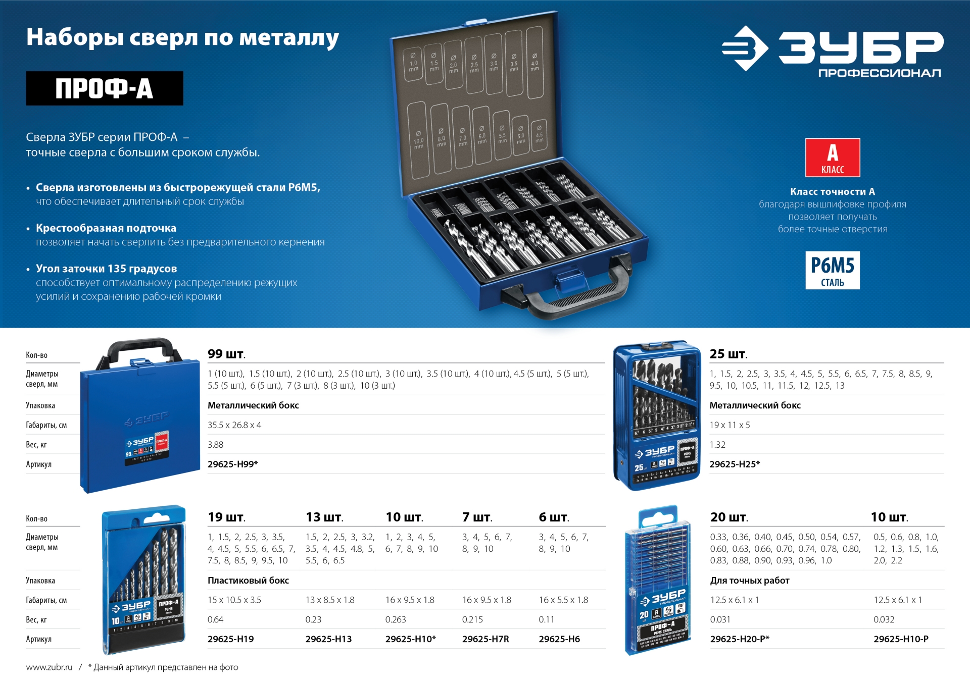 ЗУБР ПРОФ-А, 13 шт, (1.5-6.5 мм), сталь Р6М5, класс А, мет.бокс, набор сверл по металлу, Профессионал (29625-H13)