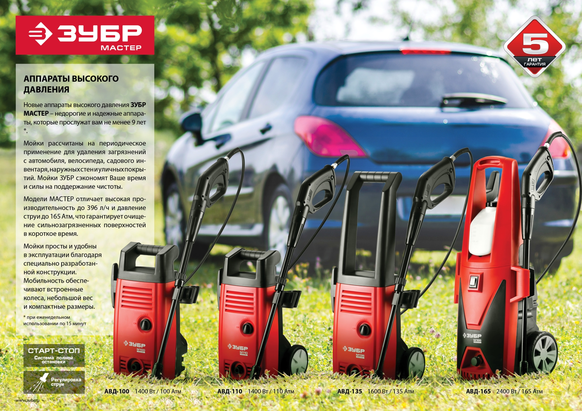 ЗУБР 165 Атм, 2400 Вт, мойка высокого давления (АВД-165)
