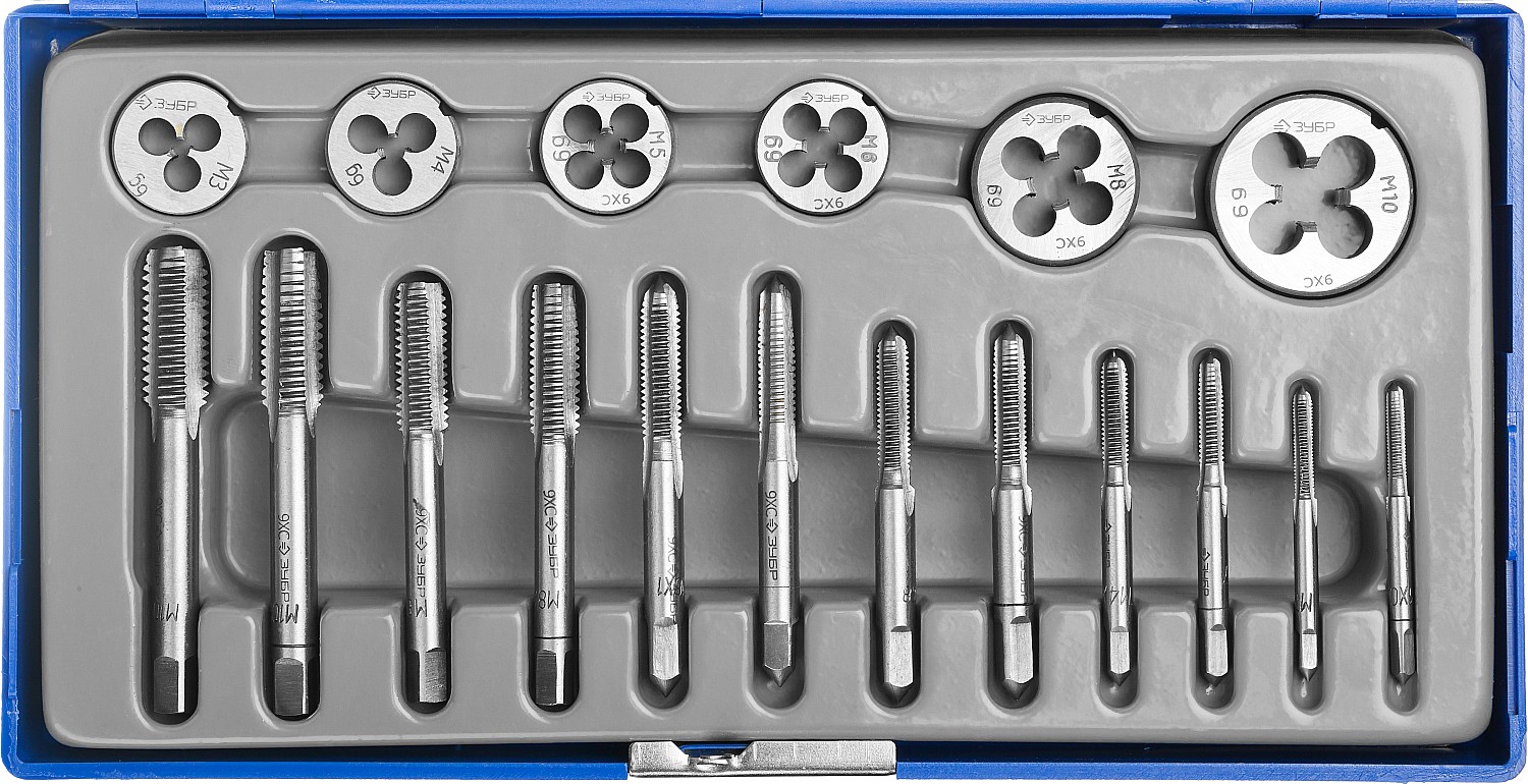 ЗУБР 18 предм., сталь 9ХС, набор метчиков и плашек в пластиковом боксе (28120-H18)