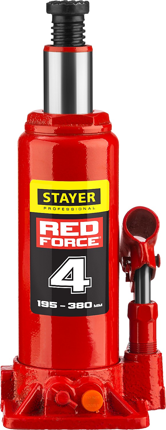 STAYER RED FORCE, 4 т, 195 - 380 мм, бутылочный гидравлический домкрат, Professional (43160-4)