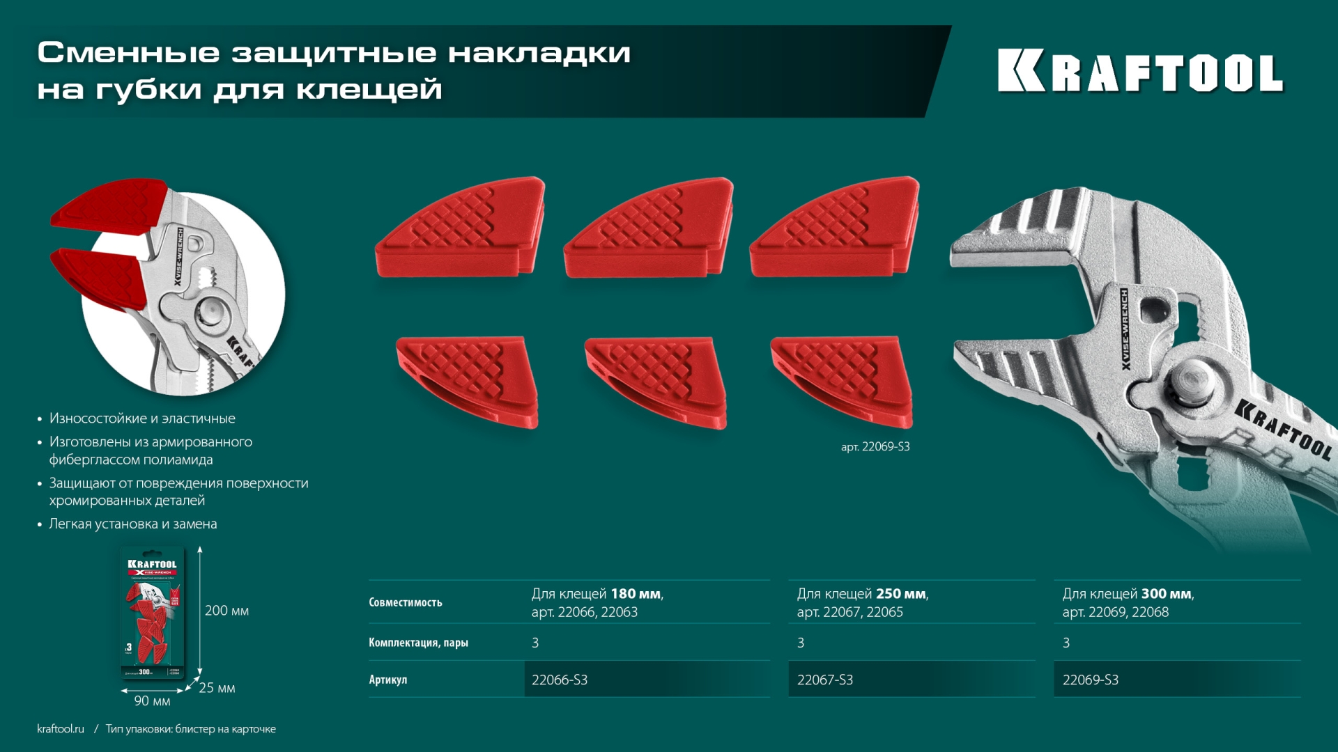 KRAFTOOL Vise-Wrench сменные защитные накладки на губки, для клещей 300 мм, набор из 3-х пар (22069-S3)