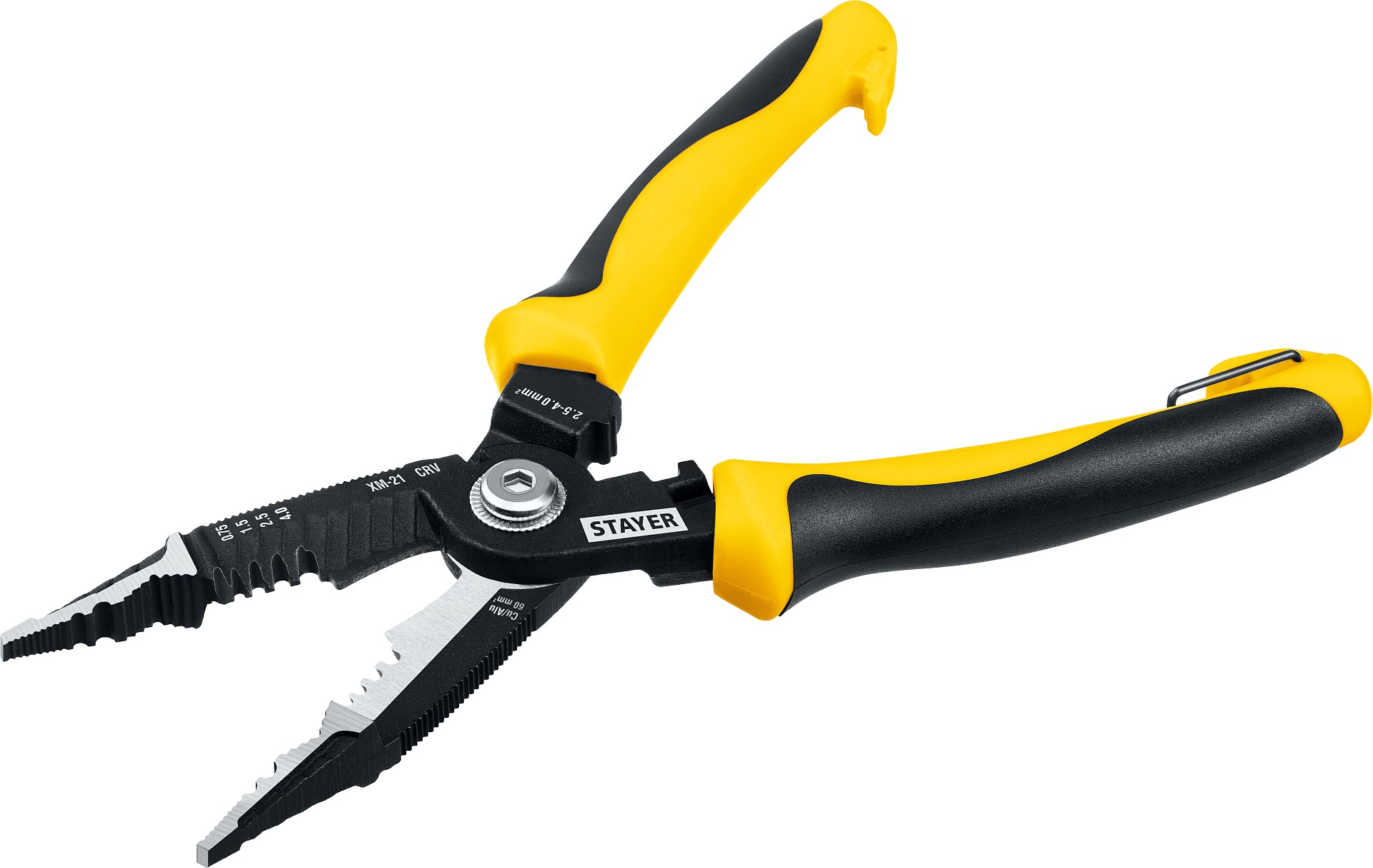 STAYER XM-21, резка d 14мм, зачистка 0.75 – 25 мм2, кримпер 2.5 мм2, плоскогубцы 210 мм, электромонтажные клещи, Professional (23342-21)