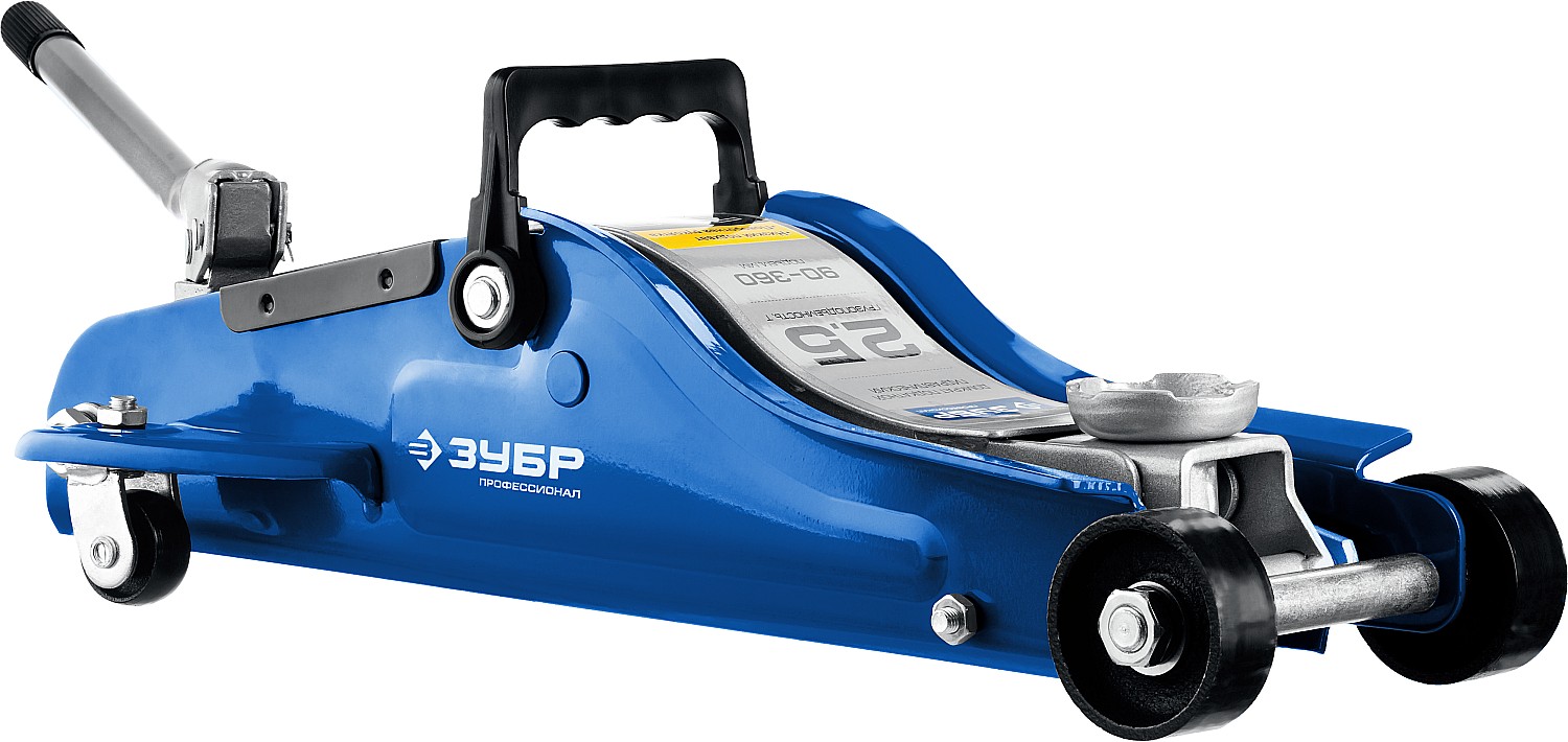 ЗУБР Т-65, 2.5 т, 90 - 360 мм, подкатной домкрат с низким подхватом и поворотной ручкой в кейсе, Профессионал (43057-2.5-K)