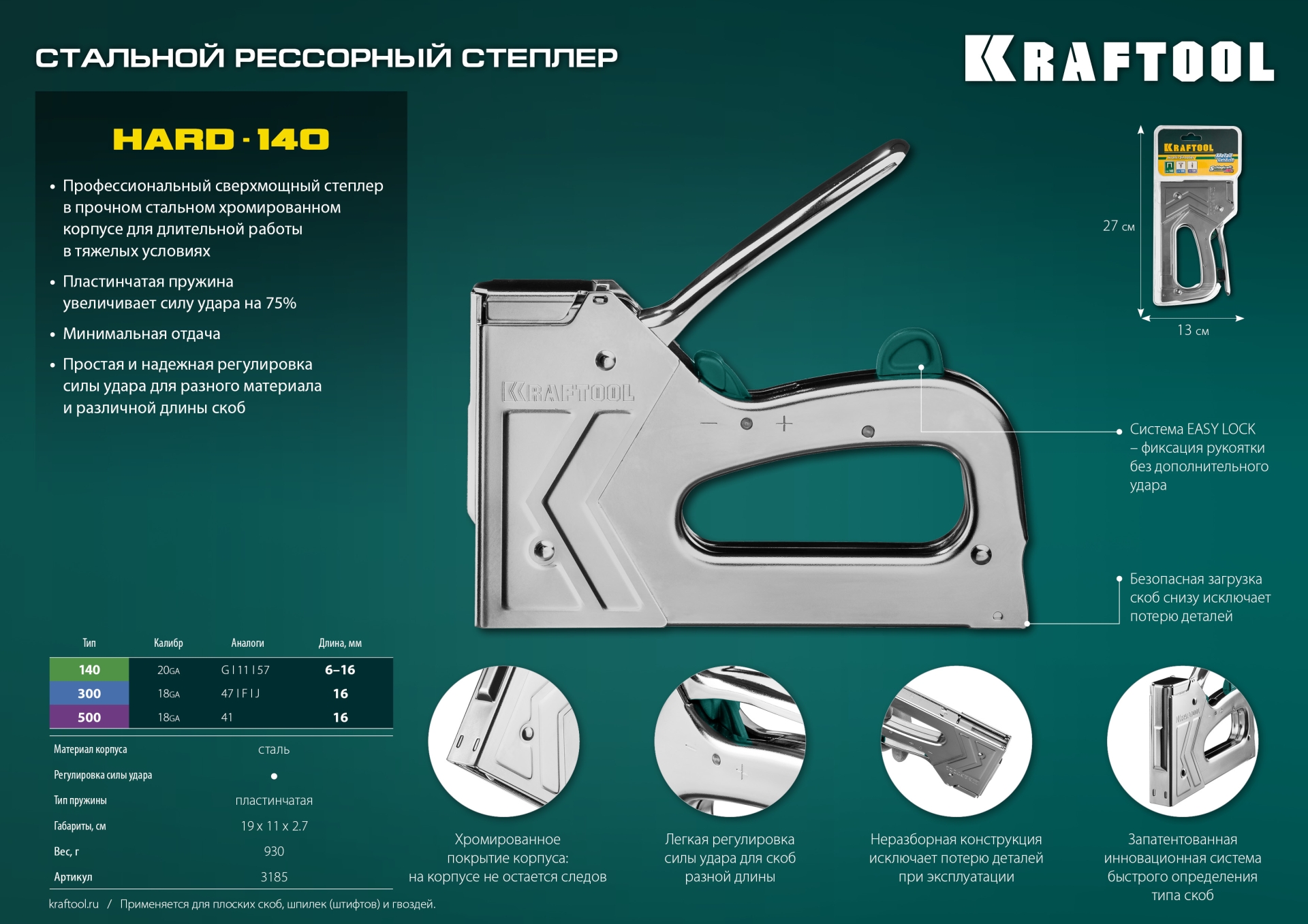 KRAFTOOL EXTREM 140, тип 140 (G/11/57) 20GA (6 - 16 мм)/300/500, стальной рессорный степлер (3185)