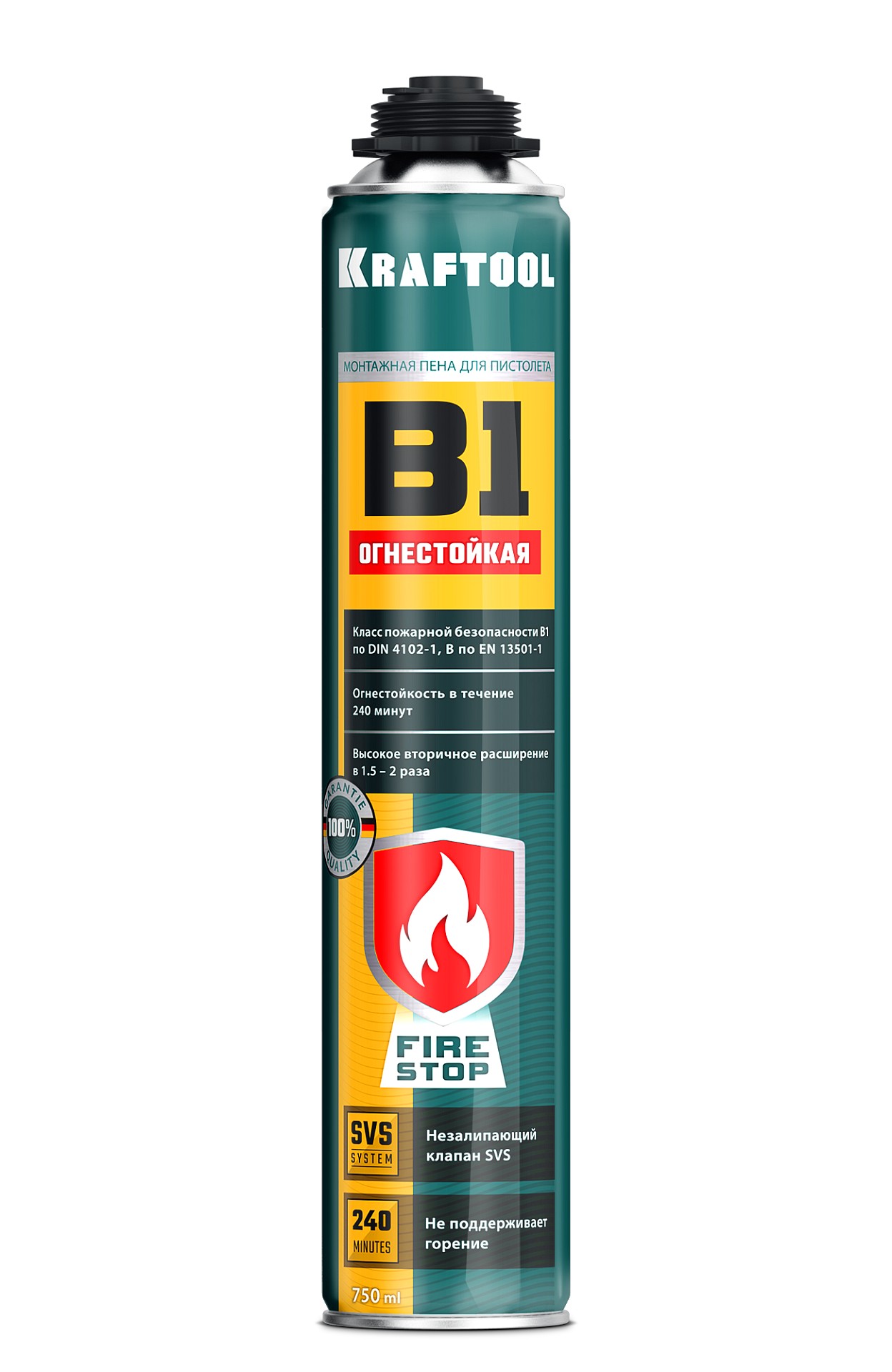 KRAFTOOL FIRE STOP B1, 750 мл, пистолетная, огнестойкая, не залипающий клапан, 240°С, SVS, выход до 51 л, монтажная пена (41186)