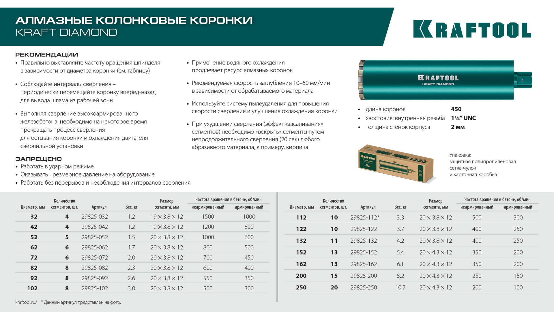 KRAFTOOL DIAMOND 92 мм (450 мм, 1 1/4″, лазерная сварка сегментов), Алмазная Коронка по железобетону (29825-092)