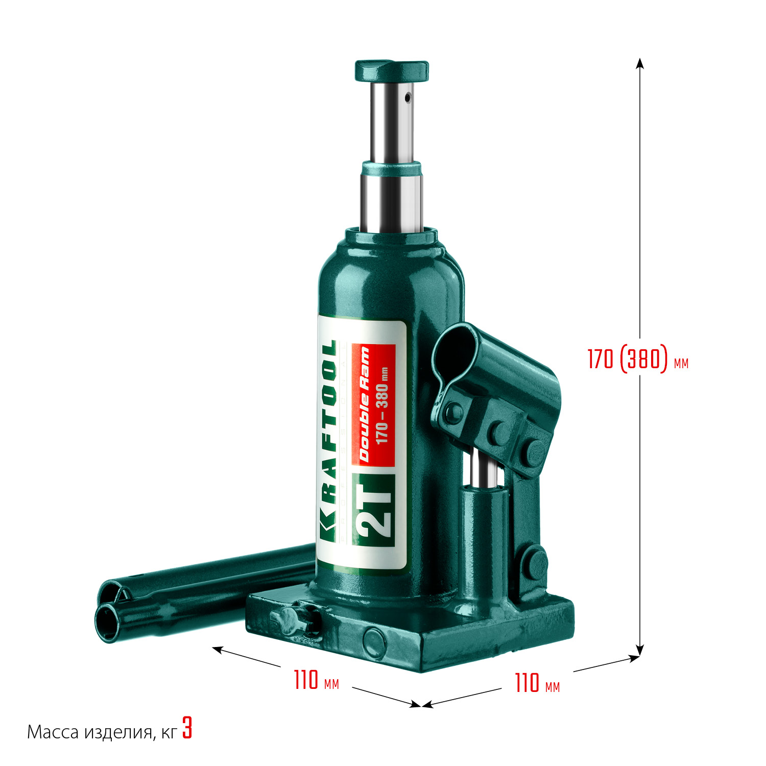 KRAFTOOL DOUBLE RAM, 2 т, 170 - 380 мм, с увеличенным подъемом, двухштоковый бутылочный домкрат (43463-2)