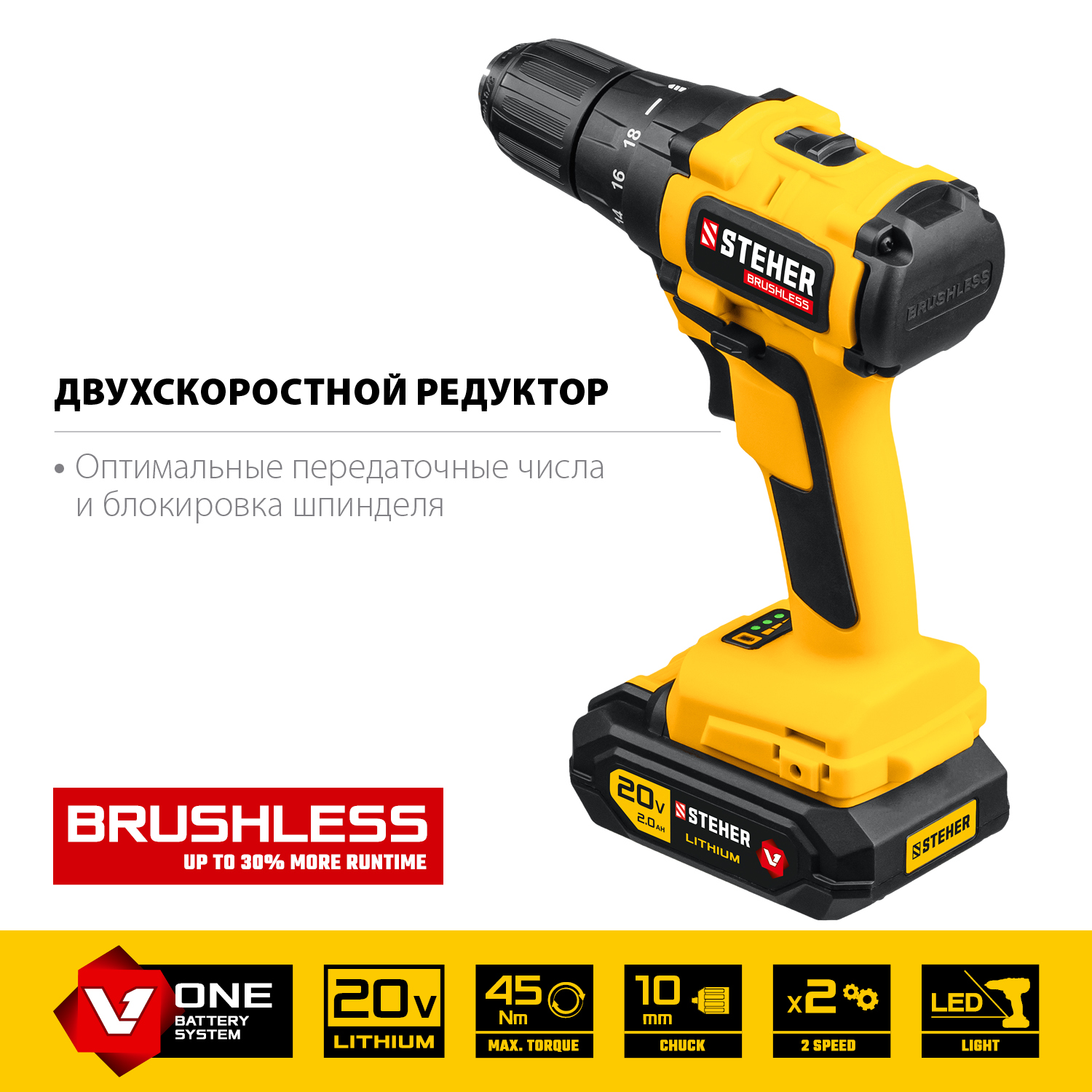 STEHER V1, 20 В, 45 Н·м, 2 АКБ (2 А·ч), бесщеточная дрель-шуруповерт, кейс (CDB-200-2)
