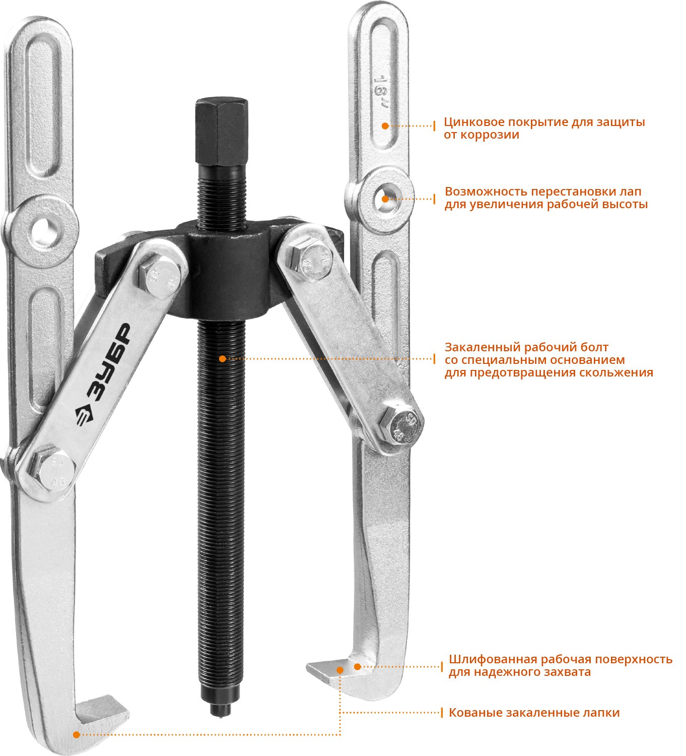 ЗУБР внешний d 55 - 390 мм, внутренний d 40 - 320 мм, шарнирный двухзахватный съемник с удлиненными захватами, Профессионал (43316-305)