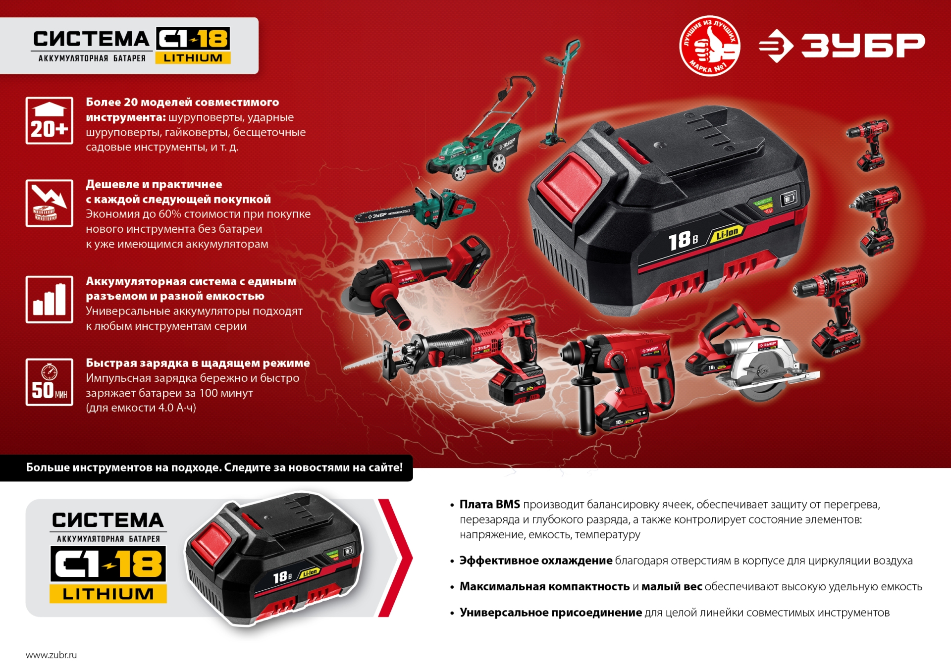 ЗУБР С1-18, 18 В, 180 мм, 1 АКБ (4 А·ч), сабельная пила (СПЛ-185-41)