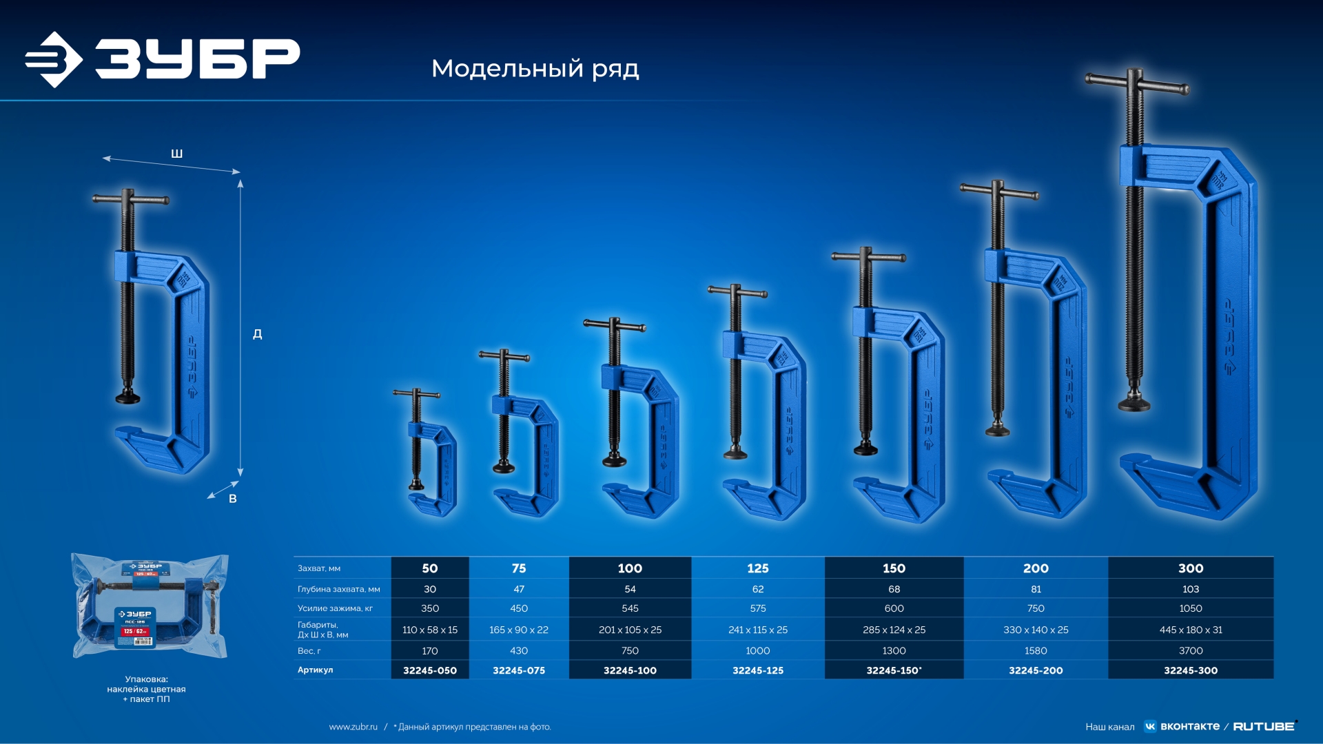 ЗУБР ПСС-75, 75 мм,чугунная струбцина тип С (G-образная), Профессионал (32245-075)