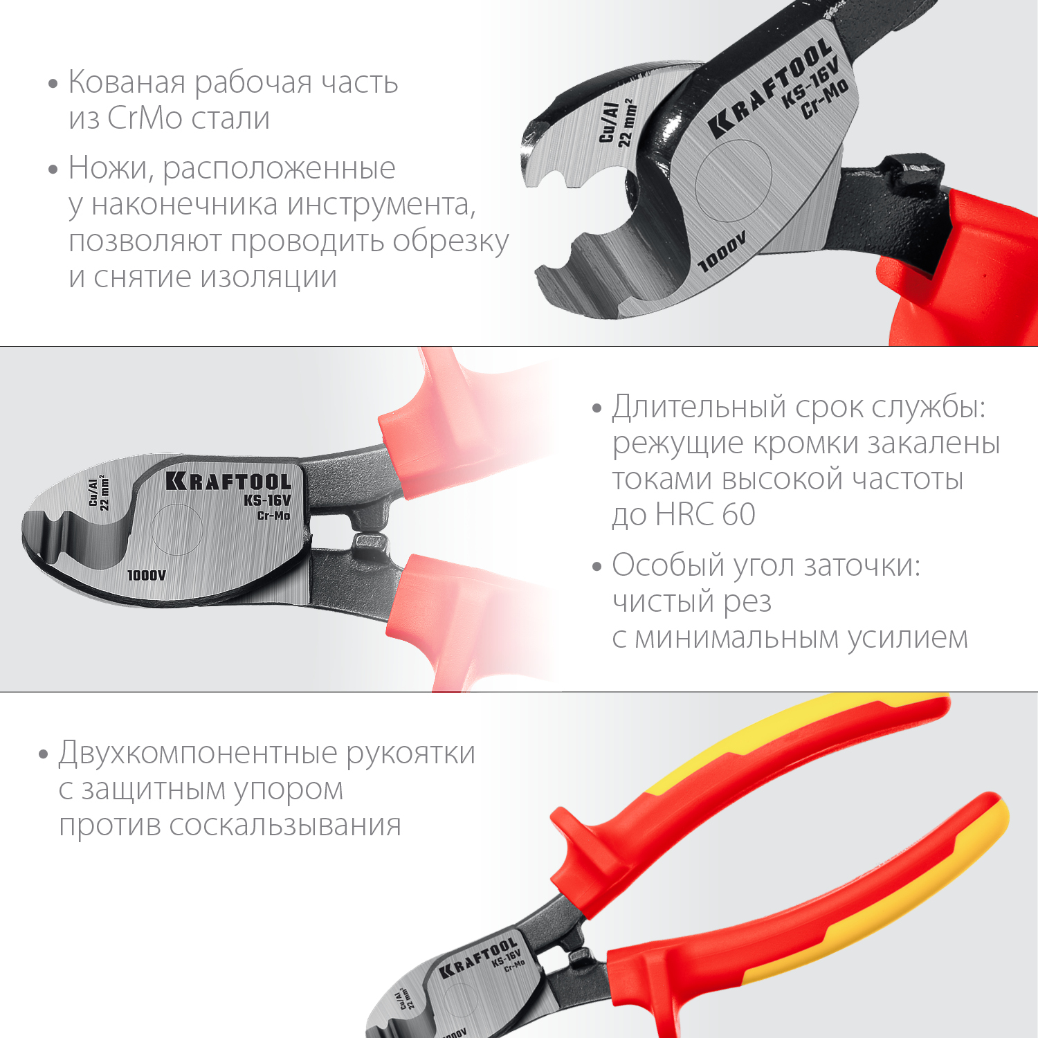 KRAFTOOL KS-16V, 1000 В, d 9мм, 160мм, диэлектрический кабелерез (23333-16V)