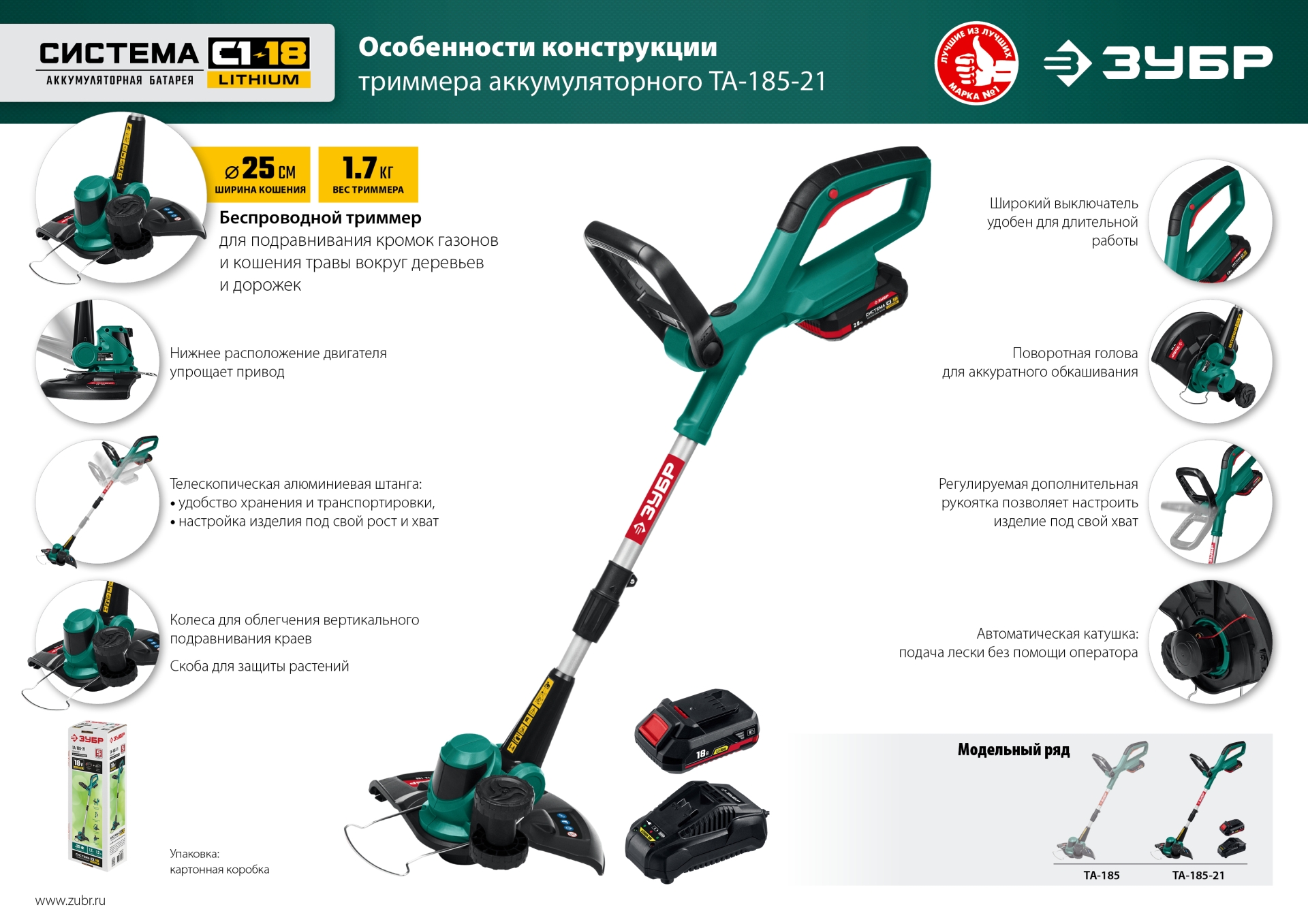 ЗУБР С1-18, 18 В, 25 см, 1 АКБ (2 А·ч), аккумуляторный триммер (ТА-185-21)
