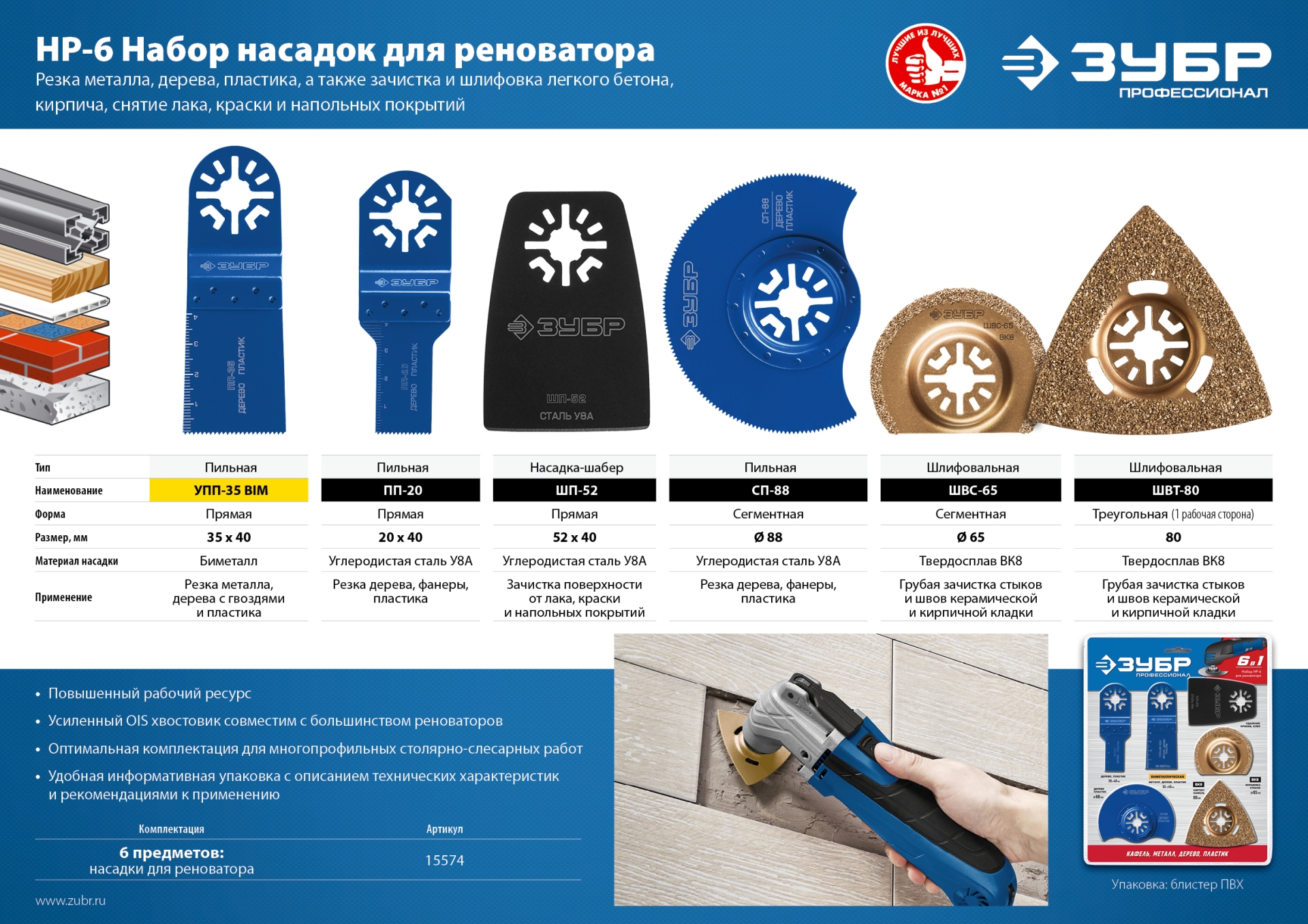 ЗУБР НР-6 UniLock, OIS-хвост., 6 предм., набор насадок для реноватора, Профессионал (15574)