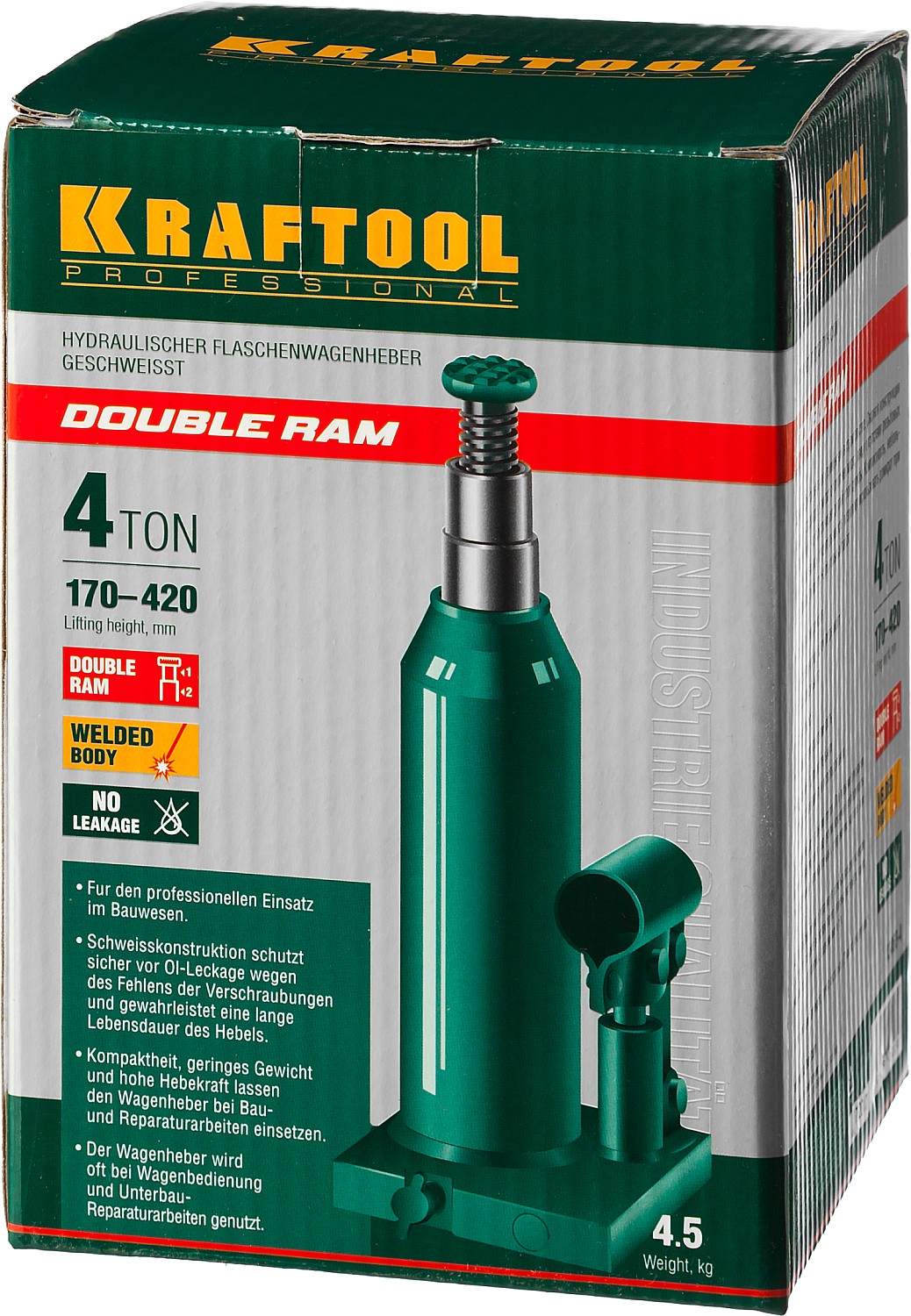 KRAFTOOL DOUBLE RAM, 4 т, 170 - 420 мм, с увеличенным подъемом, двухштоковый бутылочный домкрат (43463-4)