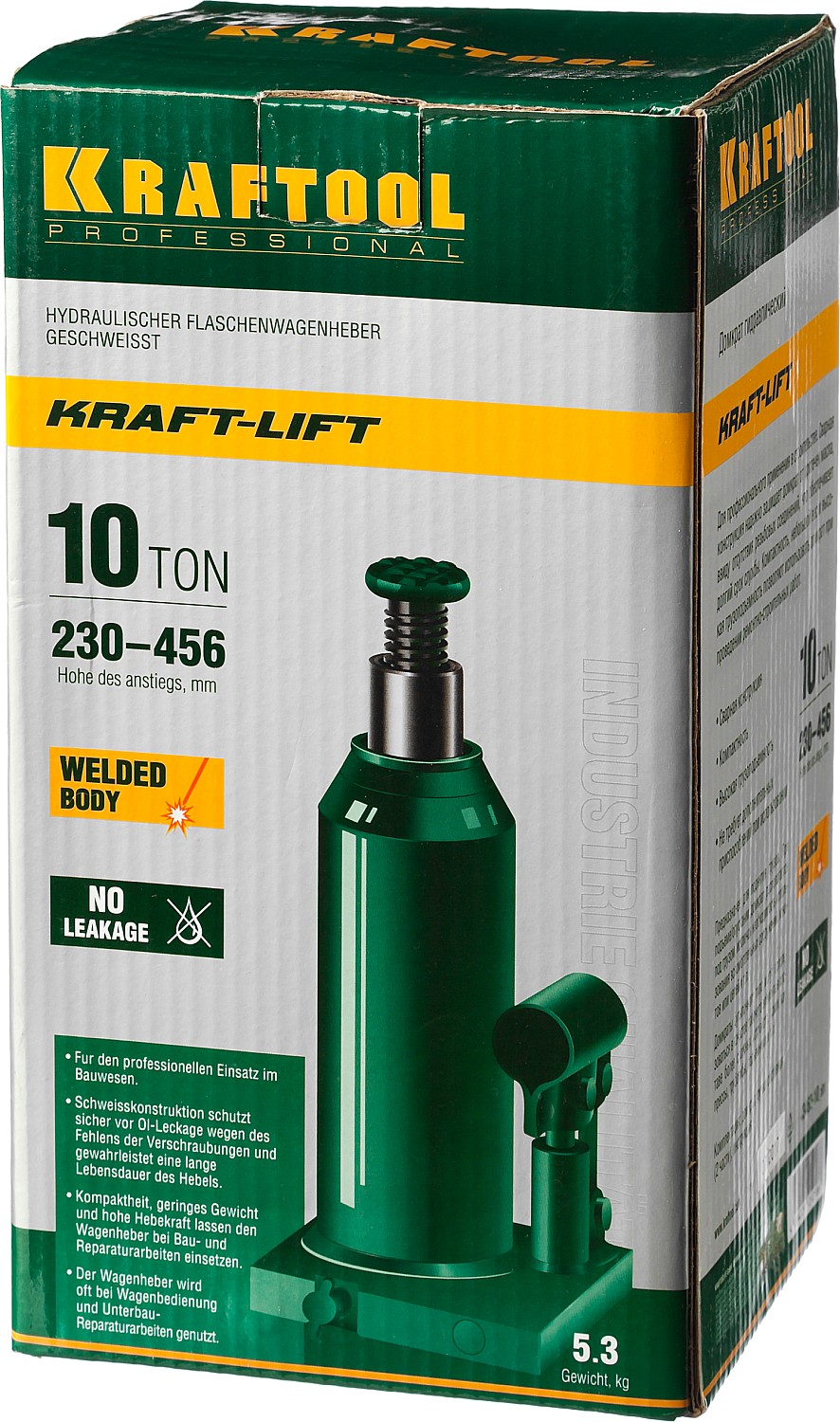 KRAFTOOL KRAFT-LIFT, 10 т, 230 - 460 мм, бутылочный гидравлический домкрат (43462-10)