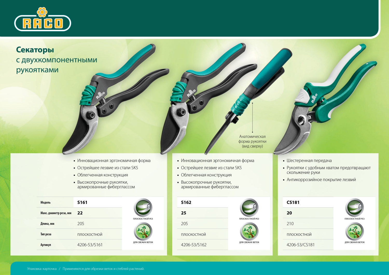 RACO S161, 205 мм, с двухкомпонентными рукоятками армированными фиберглассом, плоскостной секатор (4206-53/S161)