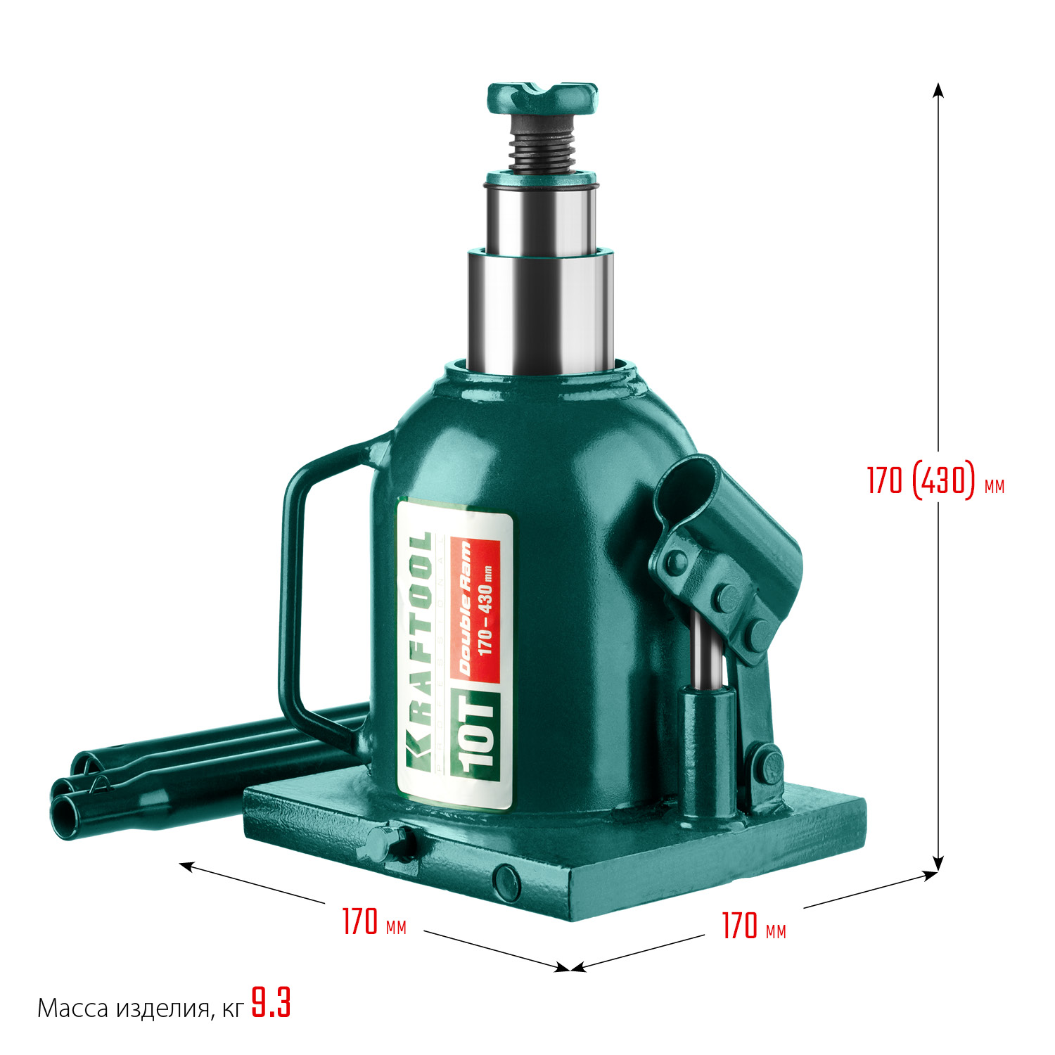 KRAFTOOL DOUBLE RAM, 10 т, 170 - 430 мм, с увеличенным подъемом, двухштоковый бутылочный домкрат (43463-10)
