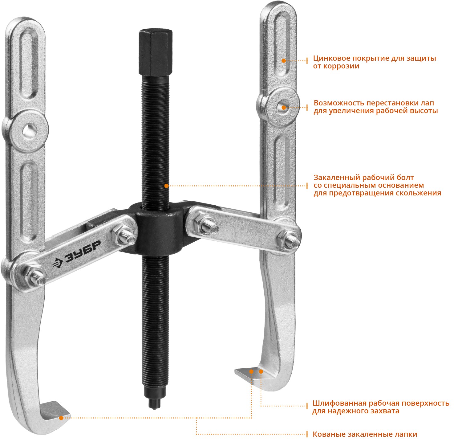 ЗУБР внешний d 36 - 250 мм, внутренний d 30 - 200 мм, шарнирный двухзахватный съемник с удлиненными захватами, Профессионал (43316-240)