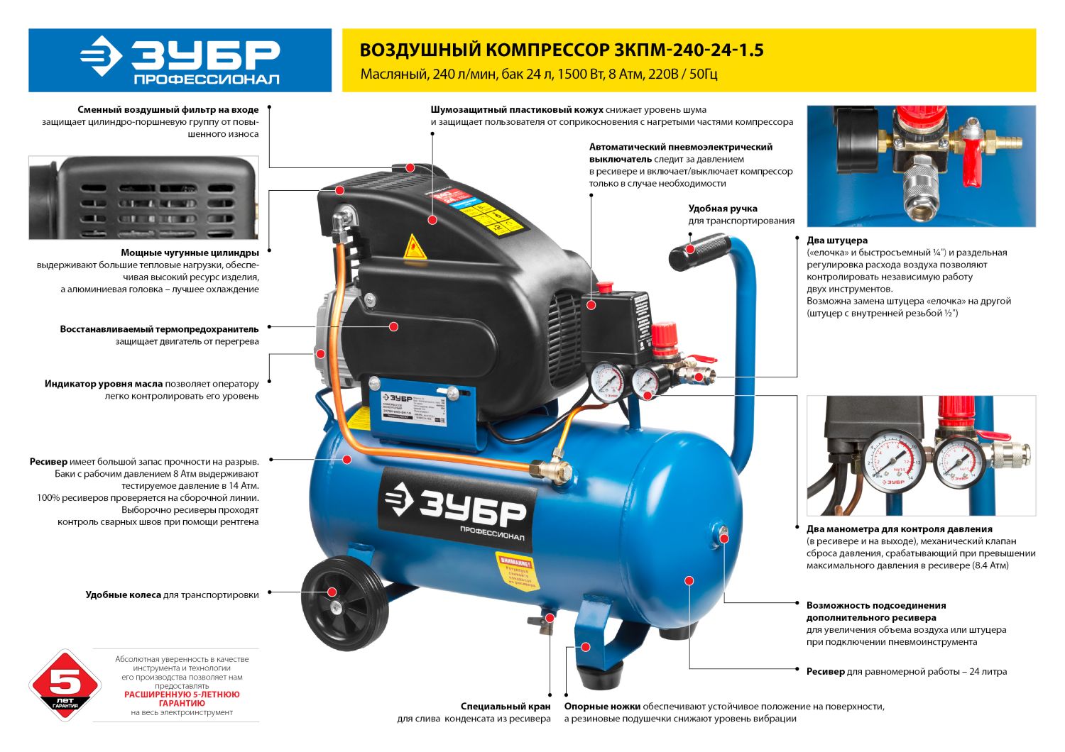 ЗУБР 240 л/мин, 24 л, 1500 Вт, масляный компрессор, Профессионал (ЗКПМ-240-24-1.5)