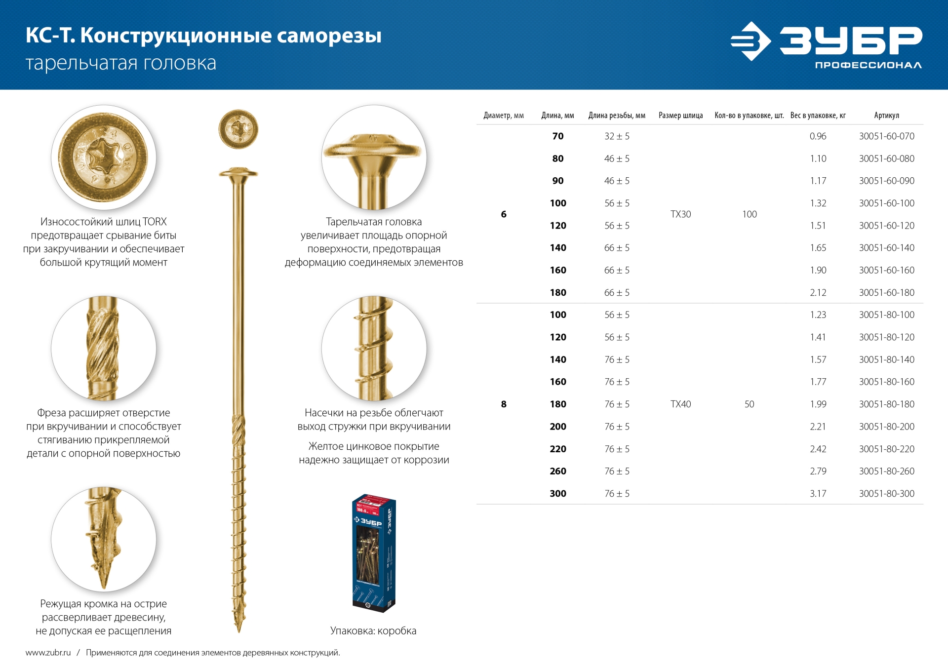 ЗУБР КС-Т, 100 х 6.0 мм, TX30, тарельчатая головка желтый цинк, 100 шт (1,29 кг.), конструкционный саморез, Профессионал (30051-60-100)