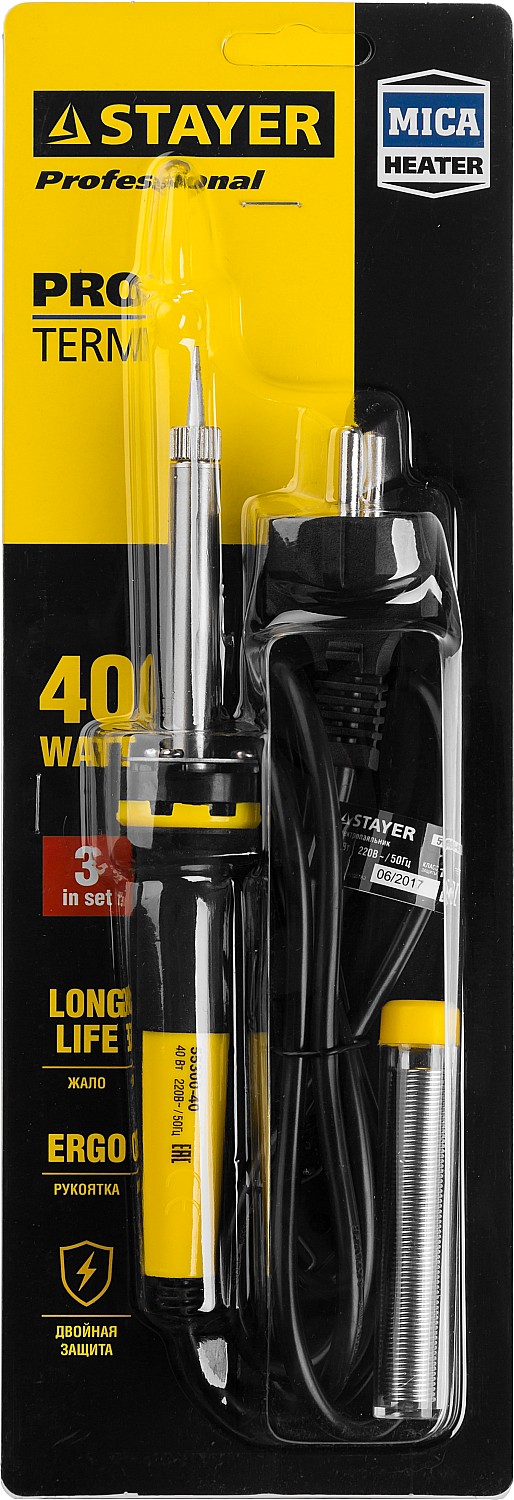 STAYER PROTerm, 40 Вт, конус, в наборе: припой + подставка, 2 К рукоятка, электропаяльник, Professional (55300-40)