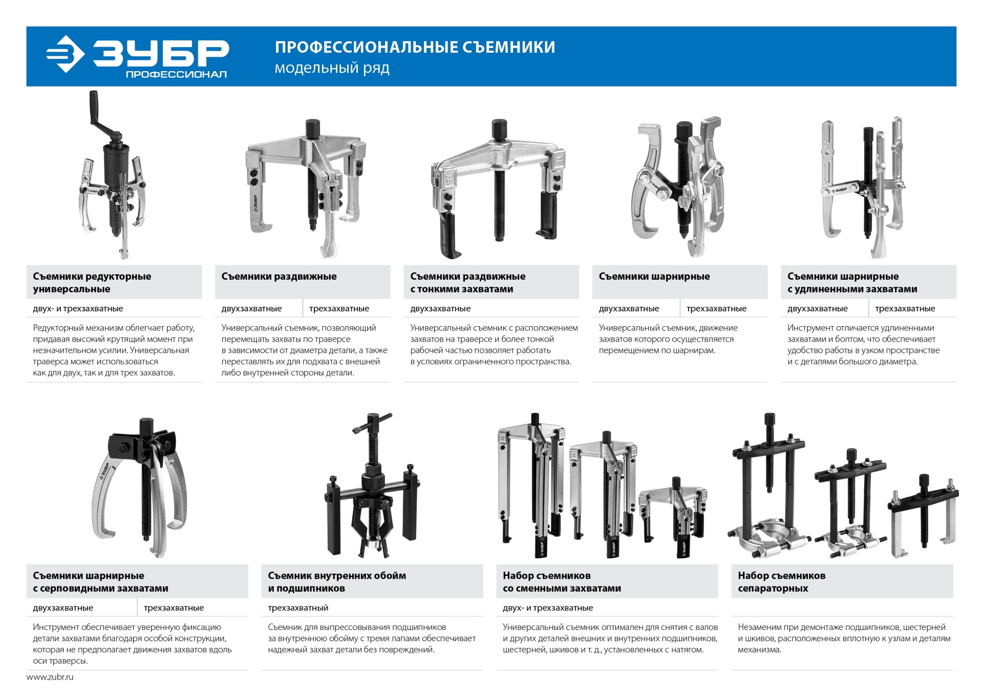ЗУБР внешний d 25 - 125 мм внутренний d 55 - 170 мм, раздвижной двухзахватный съемник с тонкими захватами, Профессионал (43313-170-100)