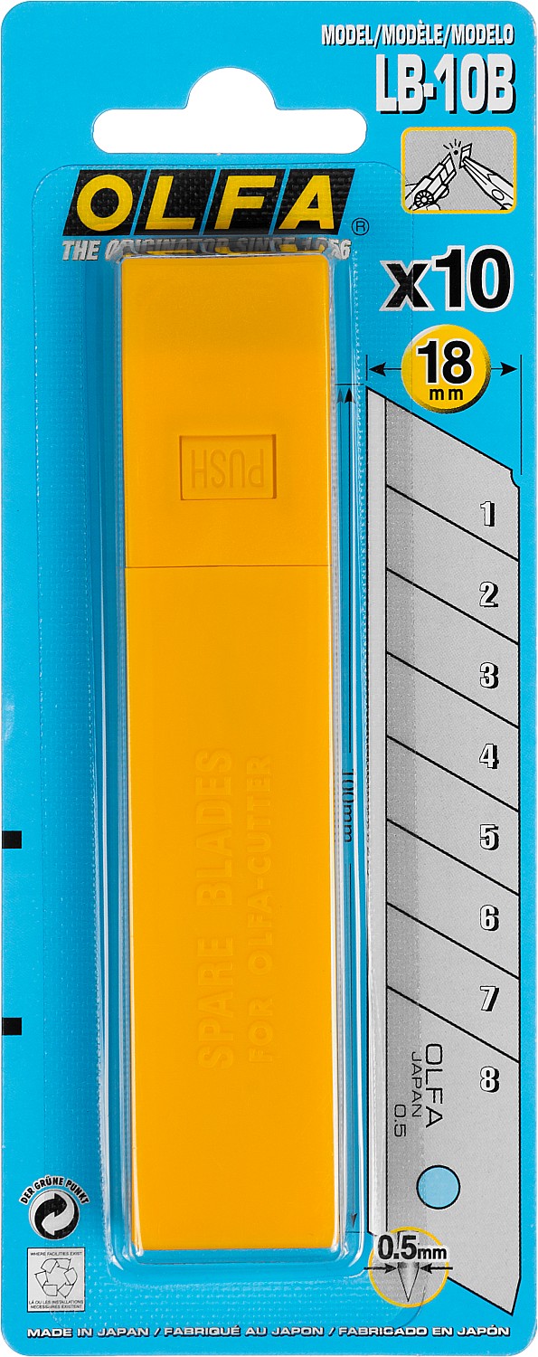 OLFA 18 мм, 10 шт, в пластиковом кейсе + блистер, сегментированные лезвия (OL-LB-10B)
