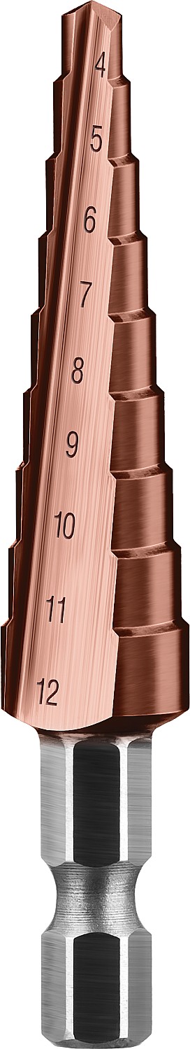 ЗУБР Кобальт, 4-12 мм, 9 ступеней, сталь Р6М5, кобальтовое покрытие, ступенчатое сверло, Профессионал (29672-4-12-9)