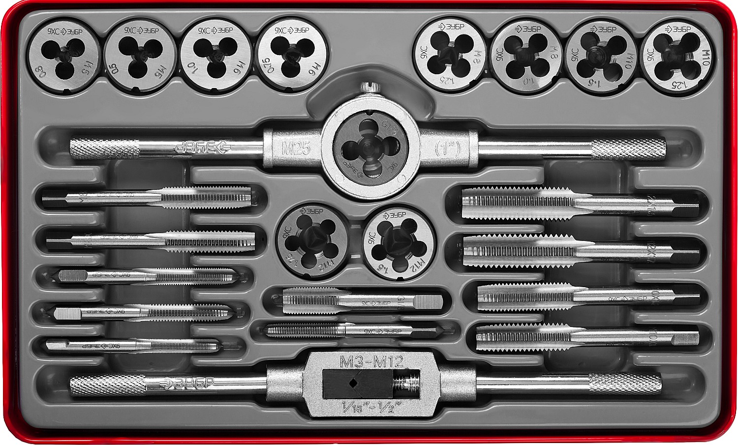 ЗУБР 24 предм., сталь 9ХС, набор метчиков и плашек (28116-H24)