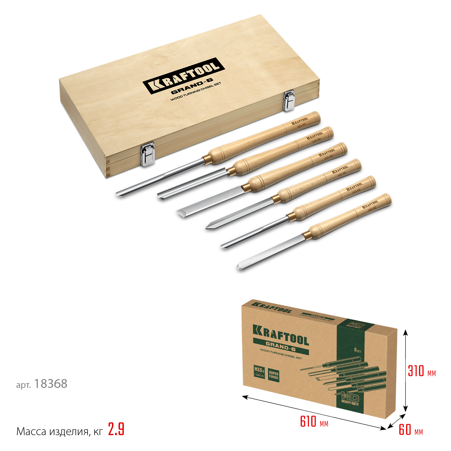 KRAFTOOL Grand-6 6 предм., набор токарных резцов по дереву (18368)