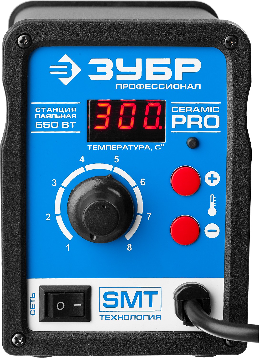 ЗУБР ПСТ-650, 650 Вт, 100 - 500°C,120 л/мин, 3 насадки, керамический нагреватель, цифровая термовоздушная паяльная станция, Профессионал (55350)