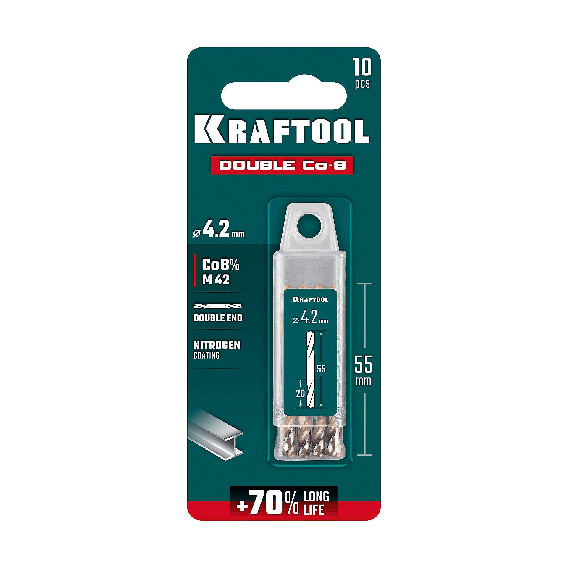KRAFTOOL DOUBLE Сo-8 4.2х55мм, Сверло двухстороннее по металлу, сталь M42(+8%Co), класс А (29654-4.2-10)
