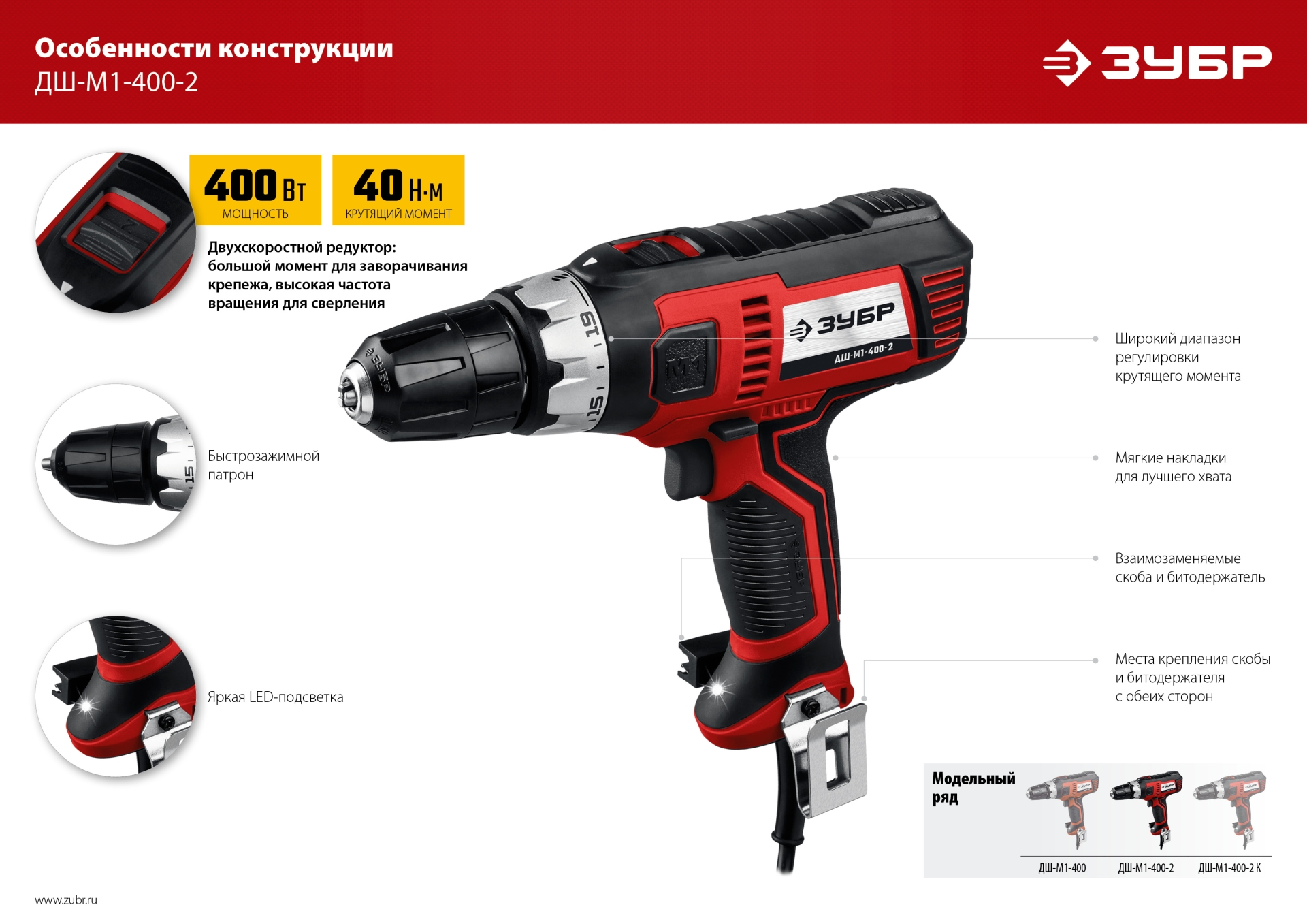 ЗУБР 400 Вт, 40 Н·м, сетевая дрель-шуруповерт (ДШ-М1-400-2)