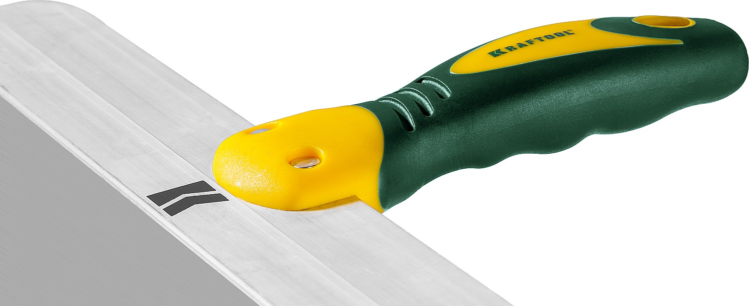 KRAFTOOL 450 мм, широкое полотно, алюминиевая направляющая, двухкомпонентная ручка, нержавеющий, фасадный шпатель (10036-450)