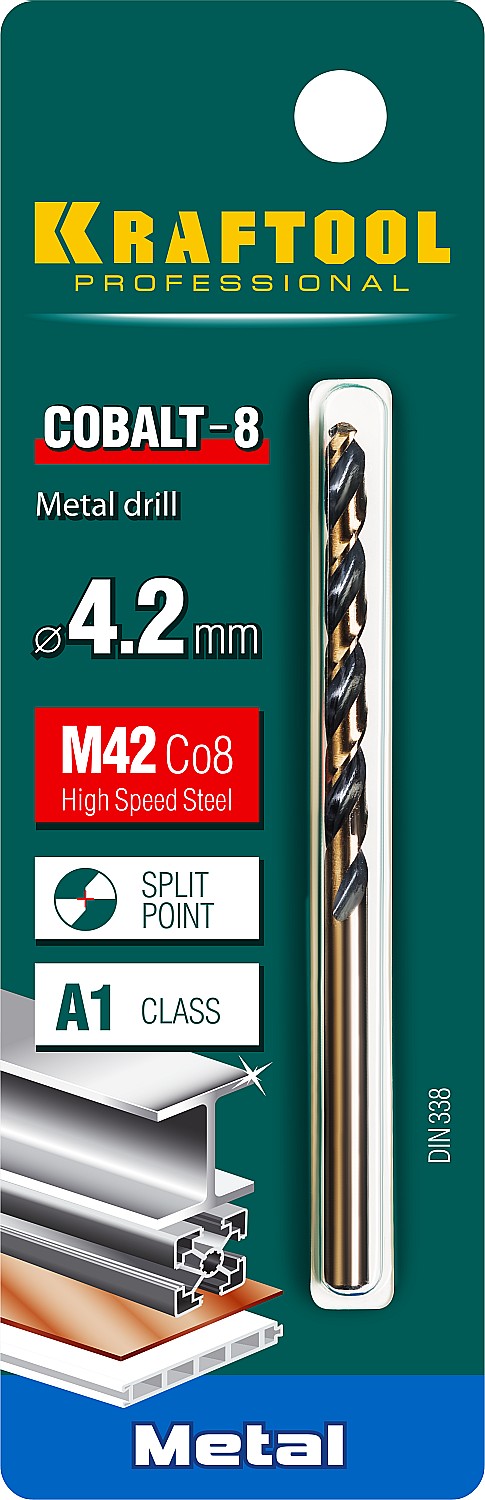 KRAFTOOL COBALT-8, 4.2 х 75 мм, сталь М42, HSS-Co(8%), сверло по металлу (29656-4.2)