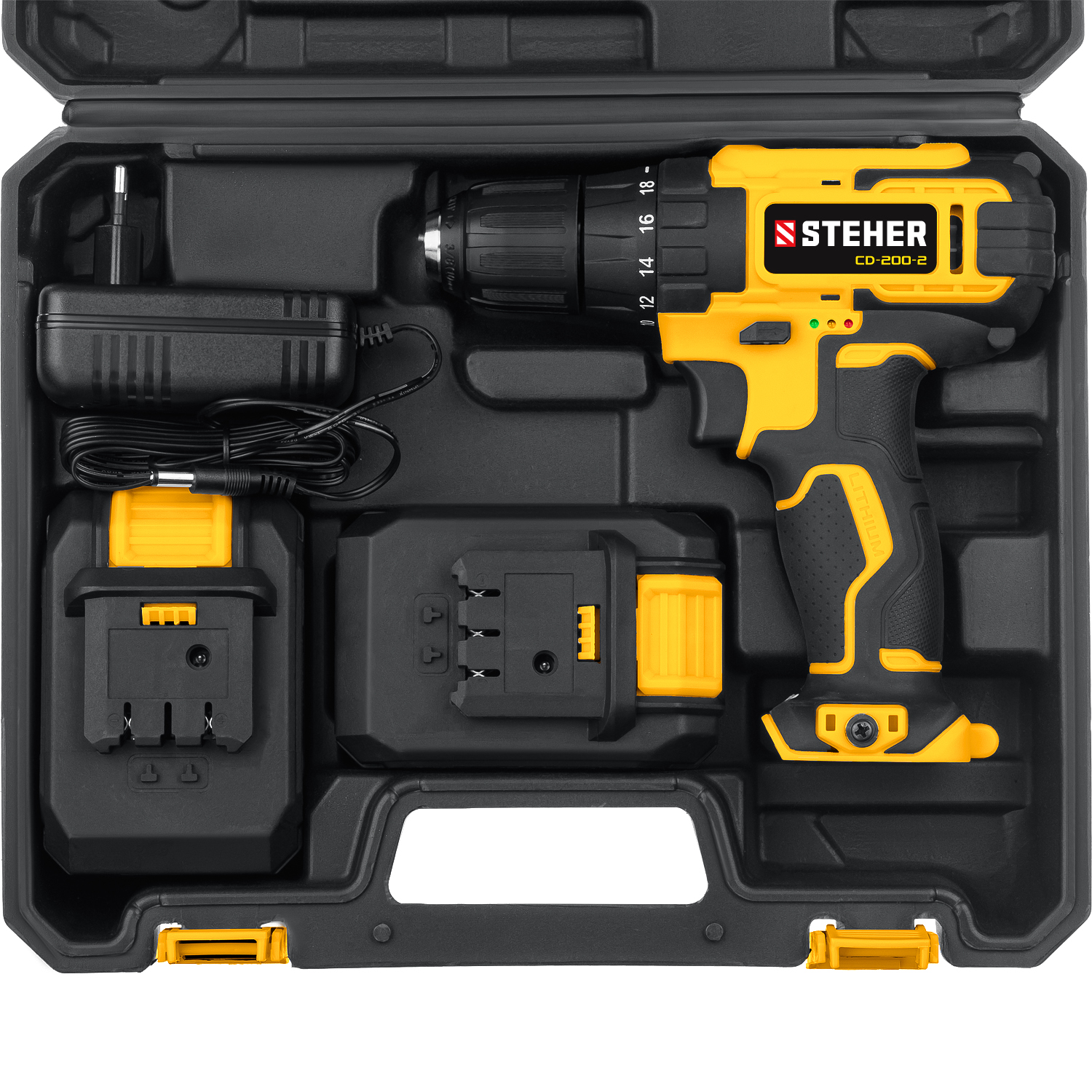 STEHER V1, 20 В, 40 Н·м, 2 АКБ (2 А·ч), дрель-шуруповерт, кейс (CD-200-2)