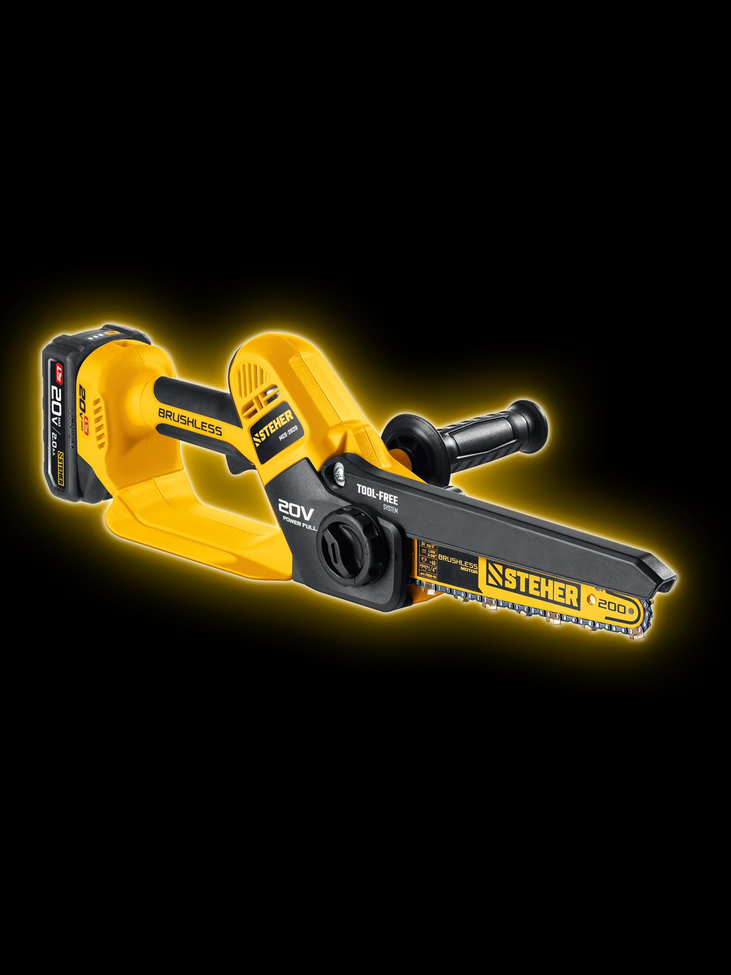 STEHER 20 В, 200 мм шина, 1 АКБ LMS (2 Ач), мини-пила цепная аккумуляторная (MCS-2020-21)