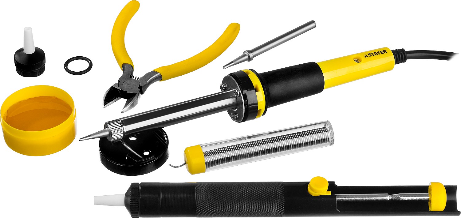 STAYER PROTerm, 60Вт, 2к рукоят, конус, подставка+припой+сменн жало+оловоотсос+сменн насадка+канифоль+кусачки, паял набор, Professional (55314-60-H8)