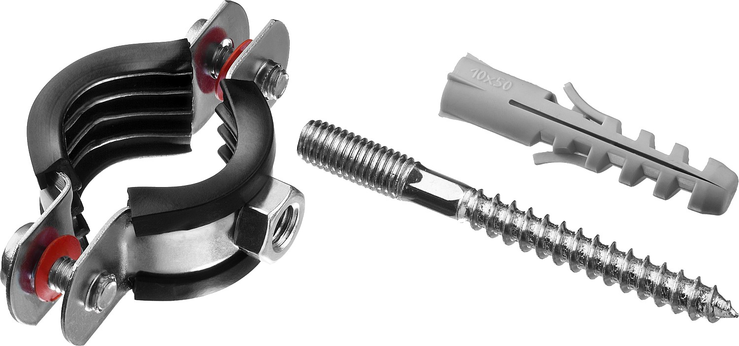 ЗУБР 3/4″, цинк, 1 шт, трубный хомут с сантехнической шпилькой и дюбелем (37866-25-29)