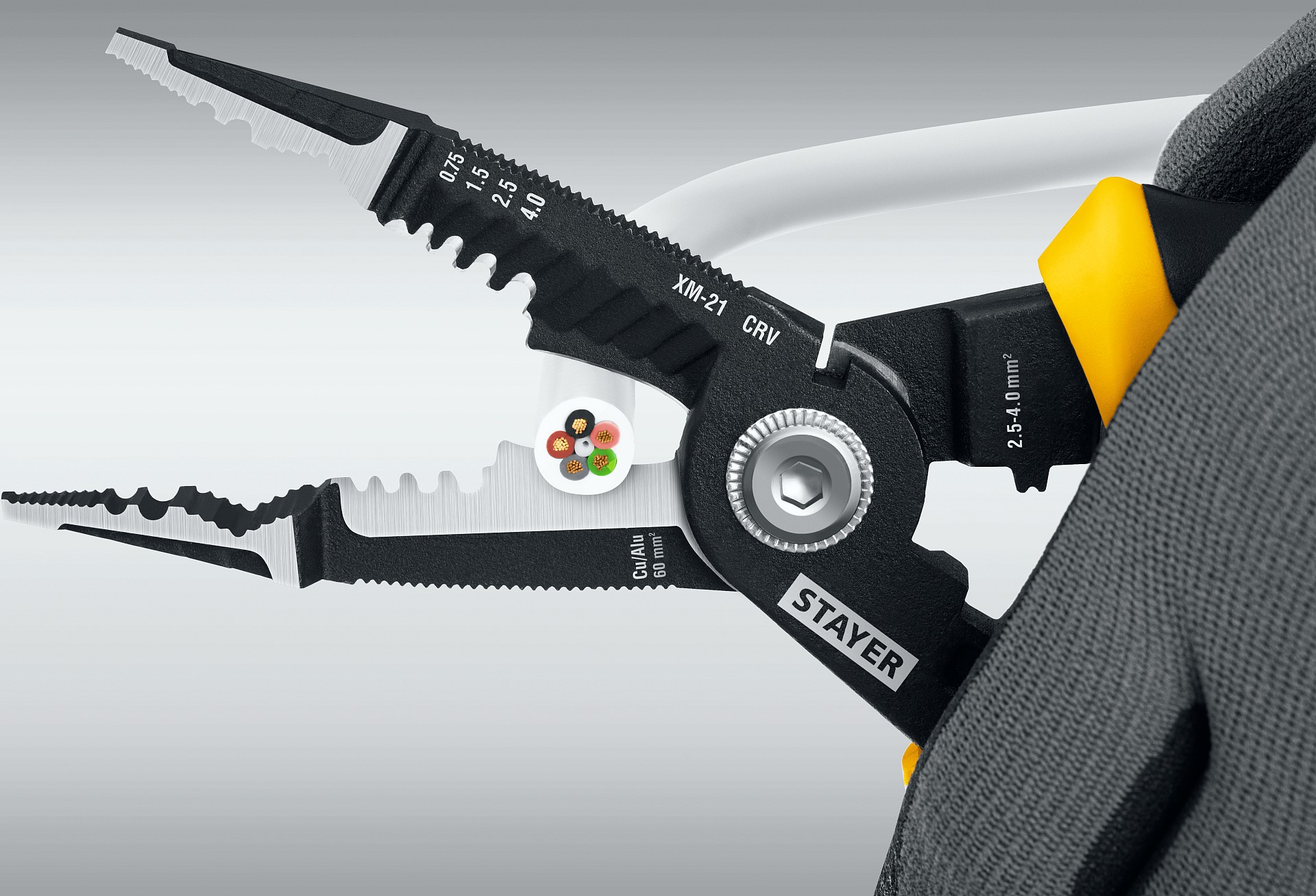 STAYER XM-21, резка d 14мм, зачистка 0.75 – 25 мм2, кримпер 2.5 мм2, плоскогубцы 210 мм, электромонтажные клещи, Professional (23342-21)