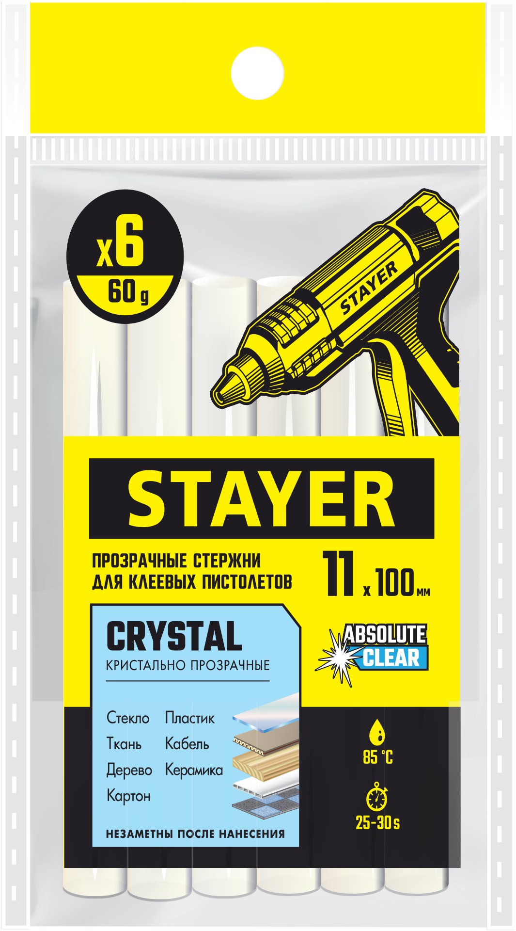 STAYER Cristal, 11 х 100 мм, 6 шт, прозрачные, универсальные клеевые стержни Professional (0682-H6)